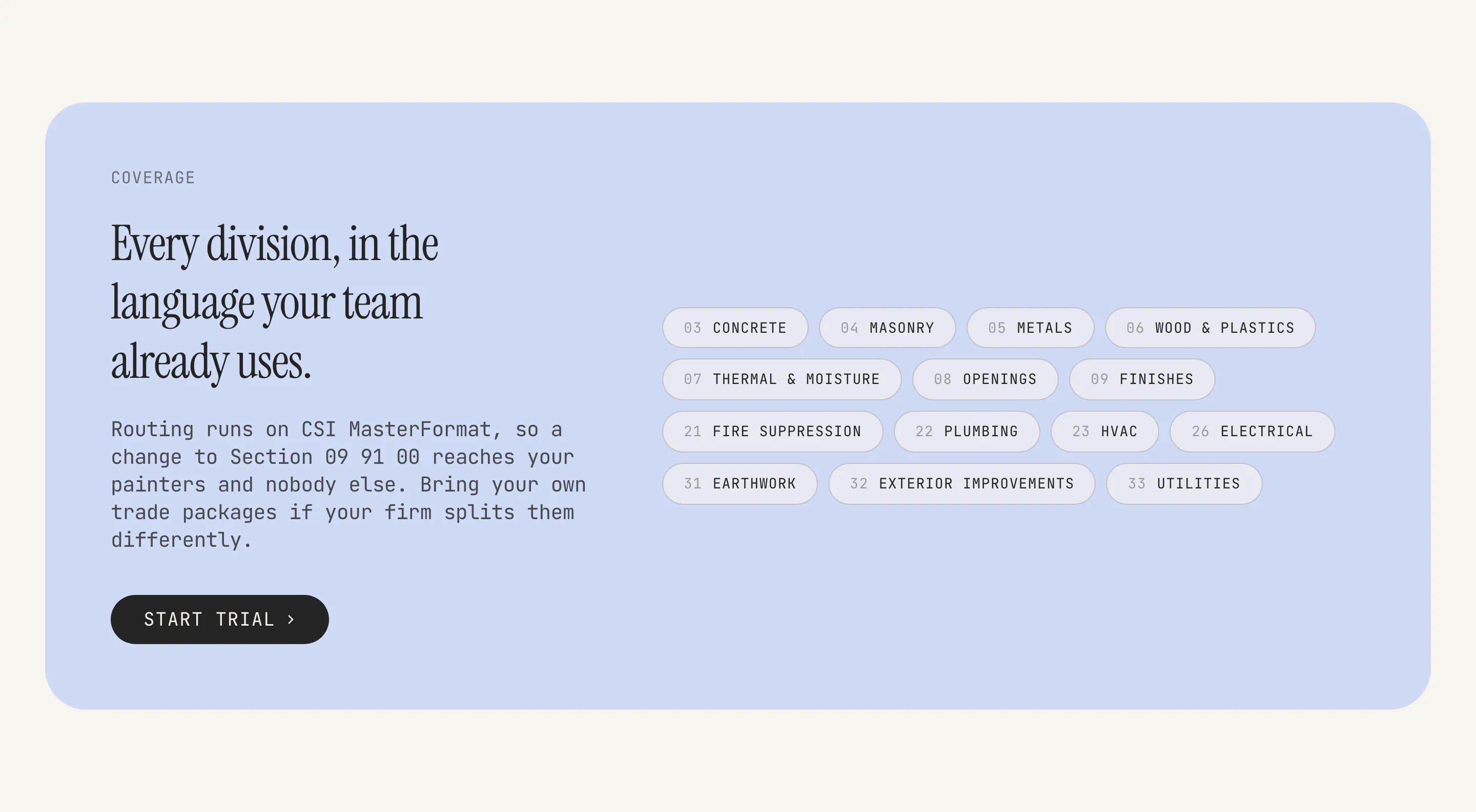 The Coverage section on a pale blue card: "Every division, in the language your team already uses.", a Start trial button, and a grid of CSI MasterFormat division chips — 03 Concrete, 04 Masonry