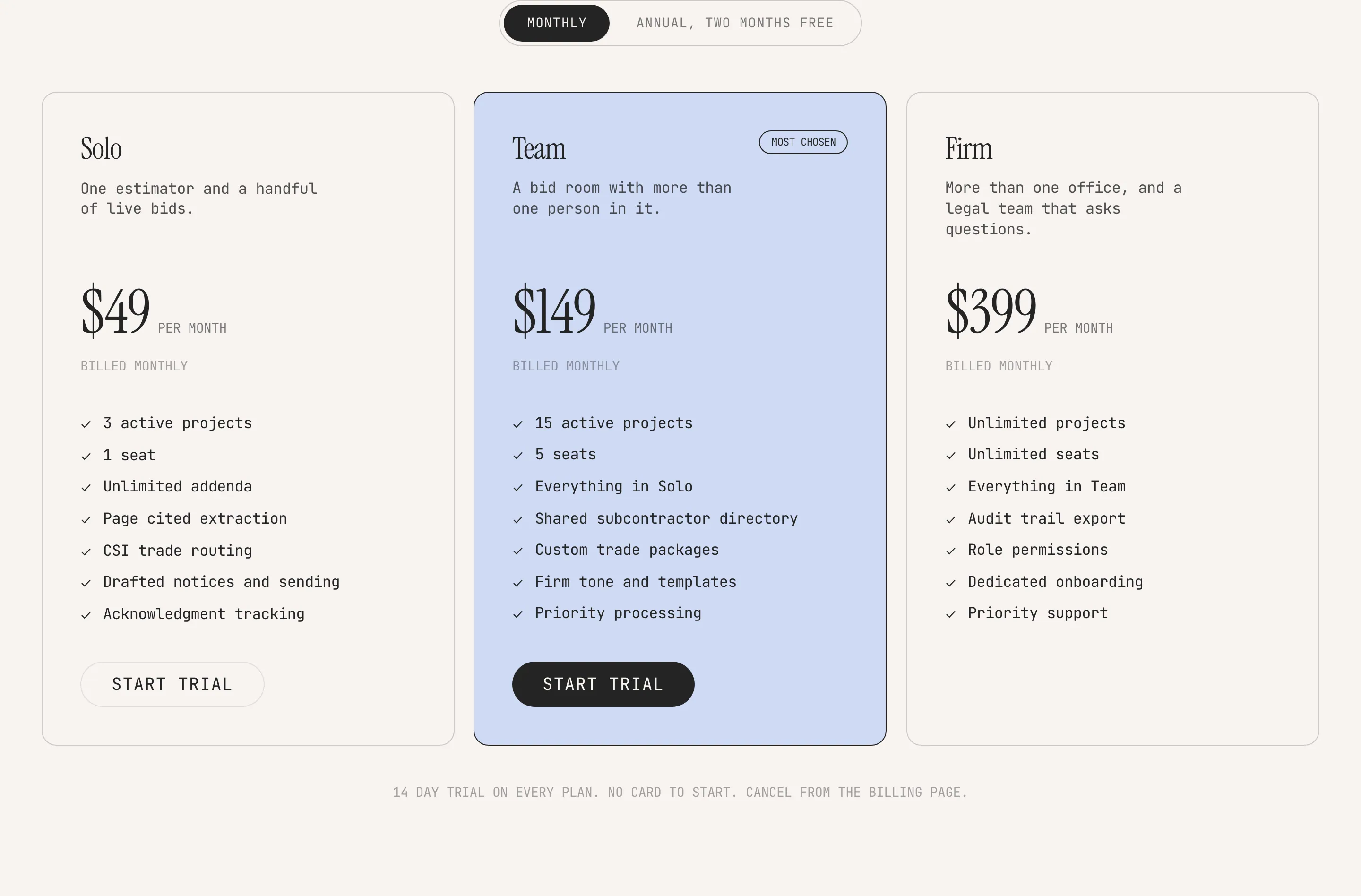 The three pricing plans: Solo at $49 per month, Team at $149 per month marked Most chosen, and Firm at $399 per month, each listing what it includes