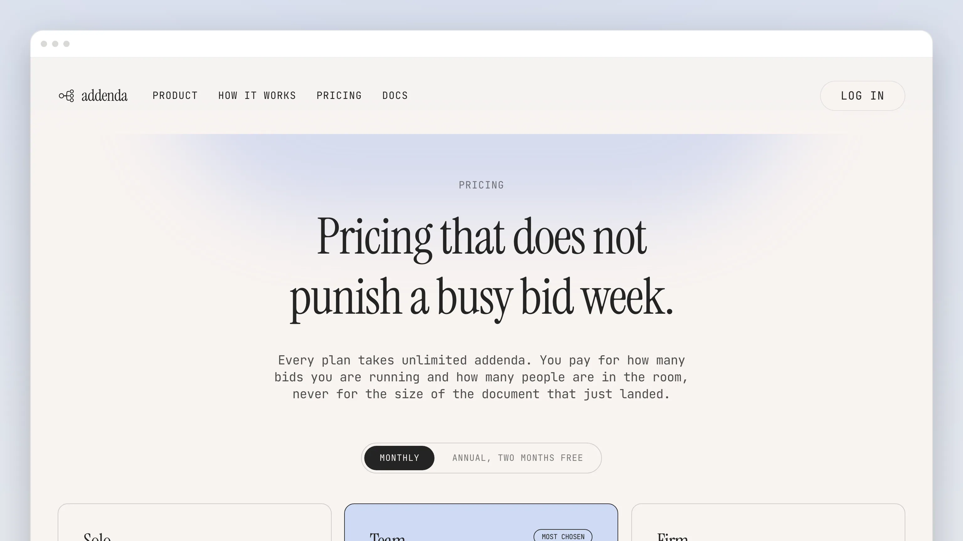 The Addenda pricing page in a browser window: "Pricing that does not punish a busy bid week.", its subcopy about paying for bids and people rather than document size, a Monthly / Annual