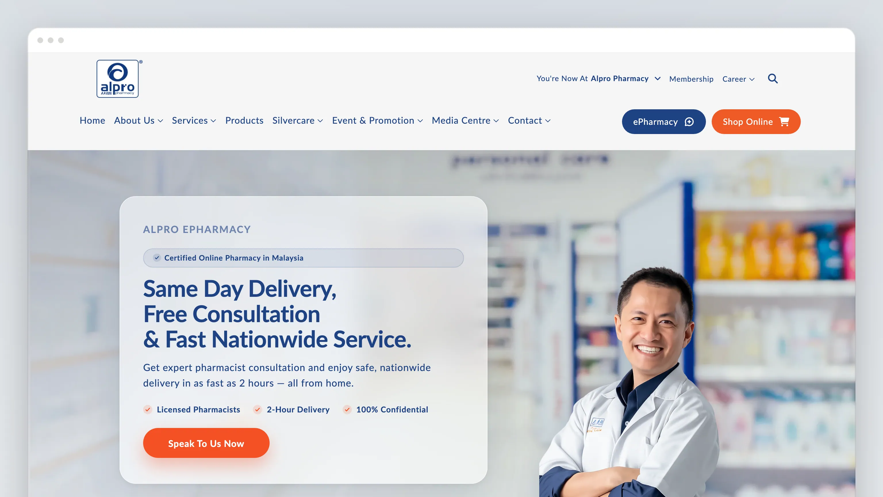 The Alpro ePharmacy page in a browser window: the navy nav with ePharmacy and Shop Online buttons, and a hero over a pharmacy aisle — "Same Day Delivery, Free Consultation & Fast Nationwide Service"