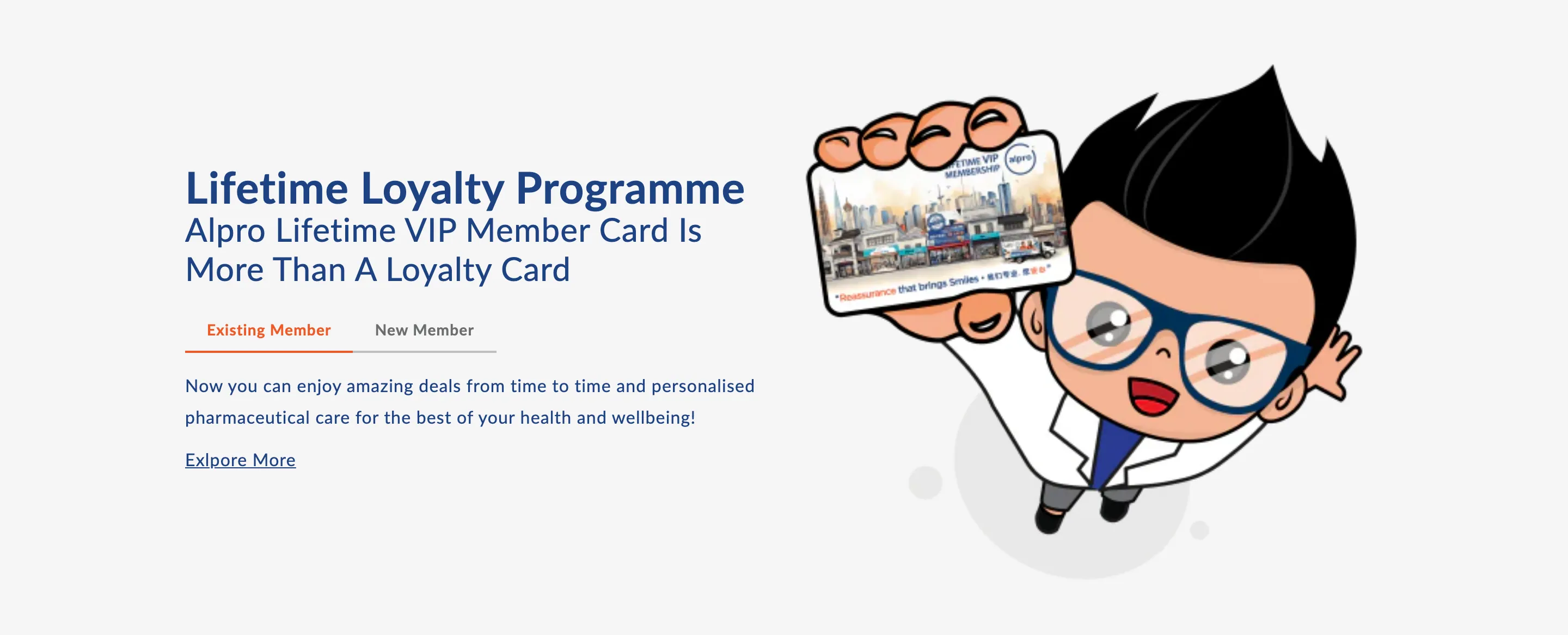 The "Lifetime Loyalty Programme" section — "Alpro Lifetime VIP Member Card Is More Than A Loyalty Card", Existing Member and New Member tabs — beside the Alpro pharmacist mascot holding a member card