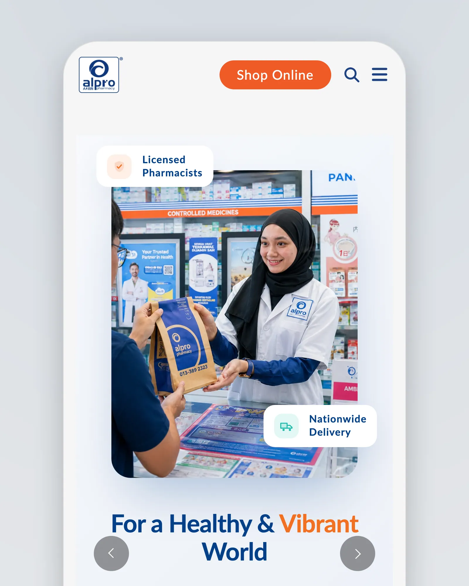 The Alpro home page on a phone: the logo, a Shop Online button, and a photograph of a pharmacist handing a paper bag across the counter, badged "Licensed Pharmacists" and "Nationwide Delivery"
