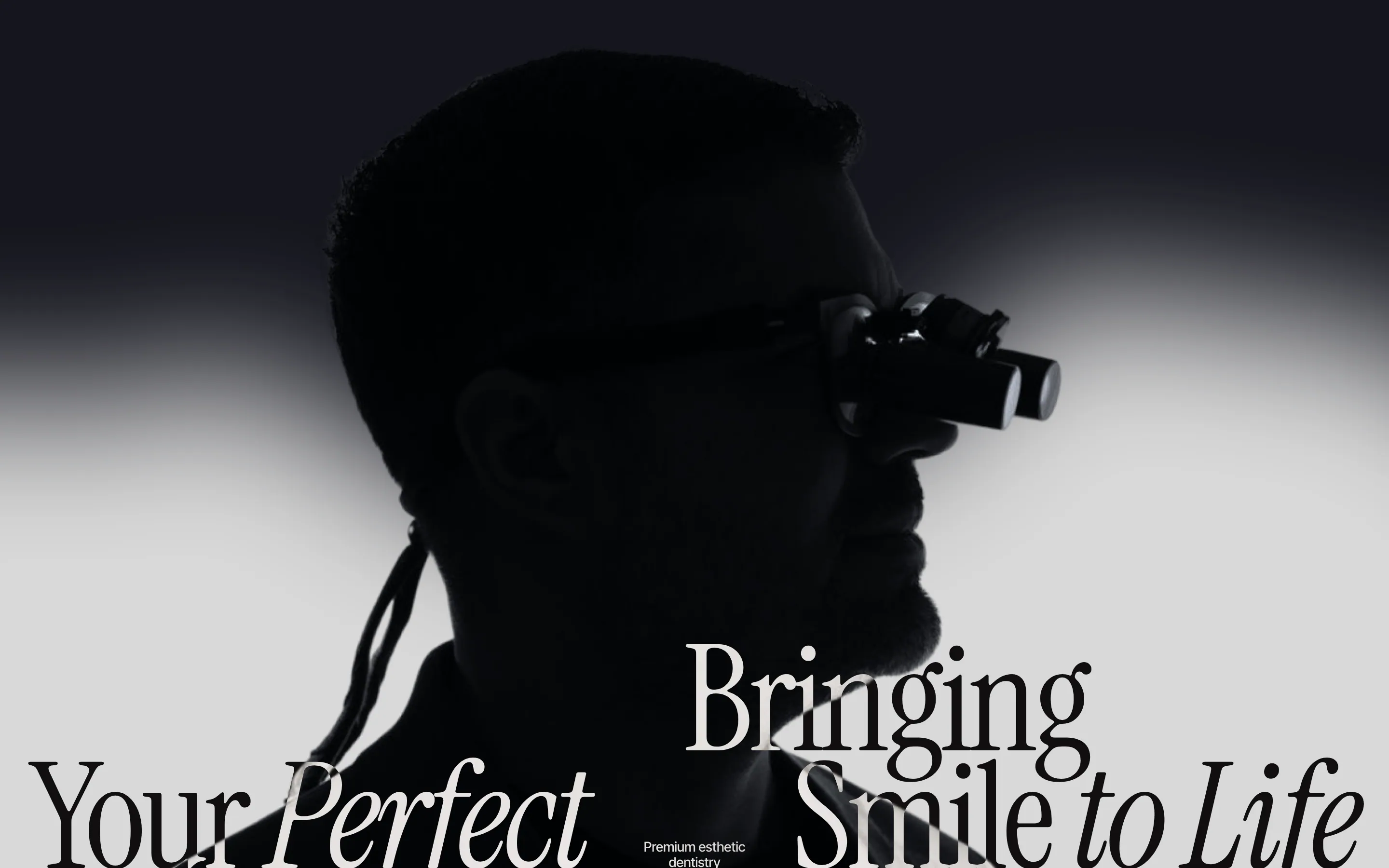 A silhouetted dentist in loupes against the dark ground, with "Bringing Your Perfect Smile to Life" set across the frame in serif and italic