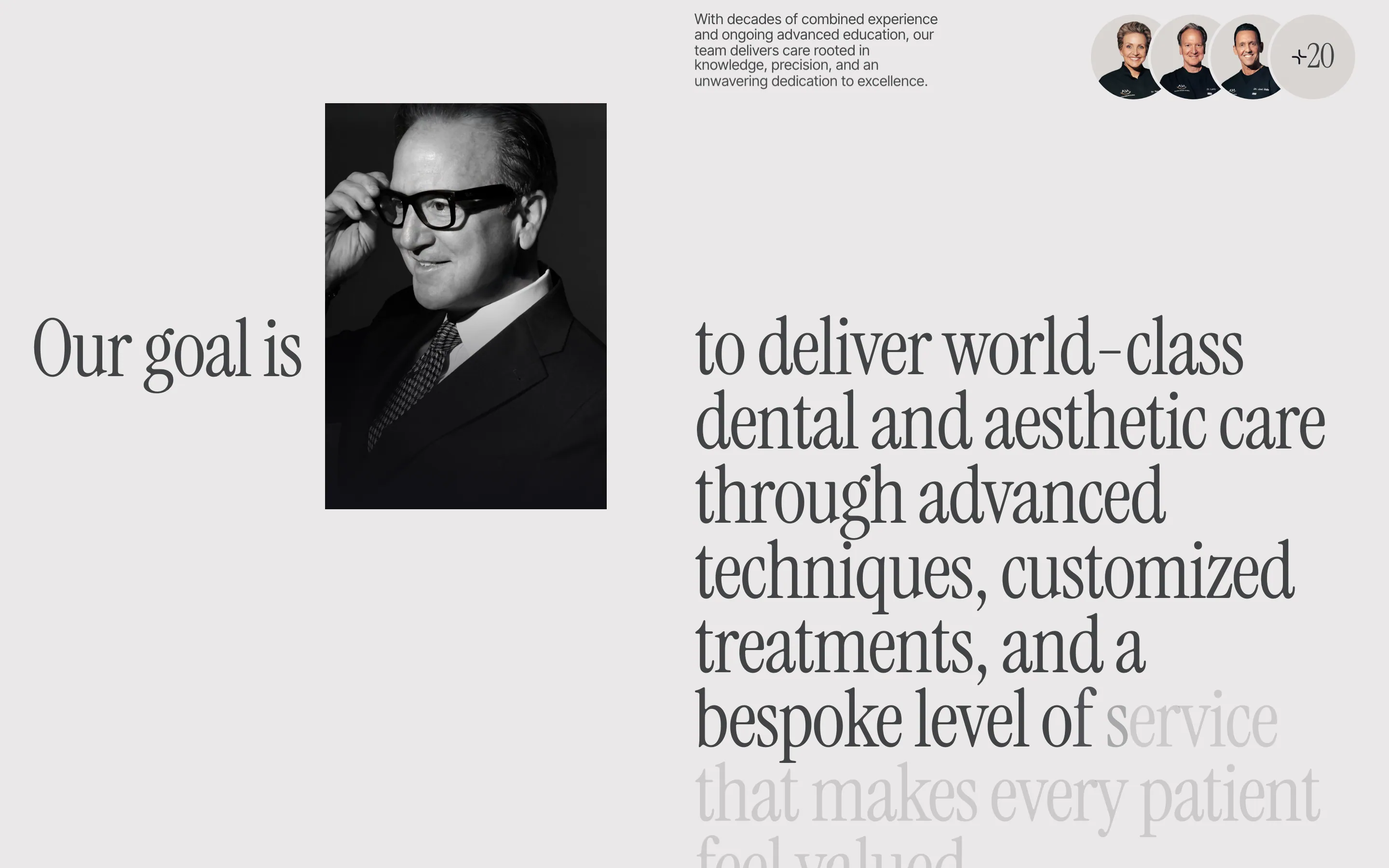 "Our goal is" in small serif on the left, a black-and-white portrait of a dentist adjusting his glasses, and the sentence set large