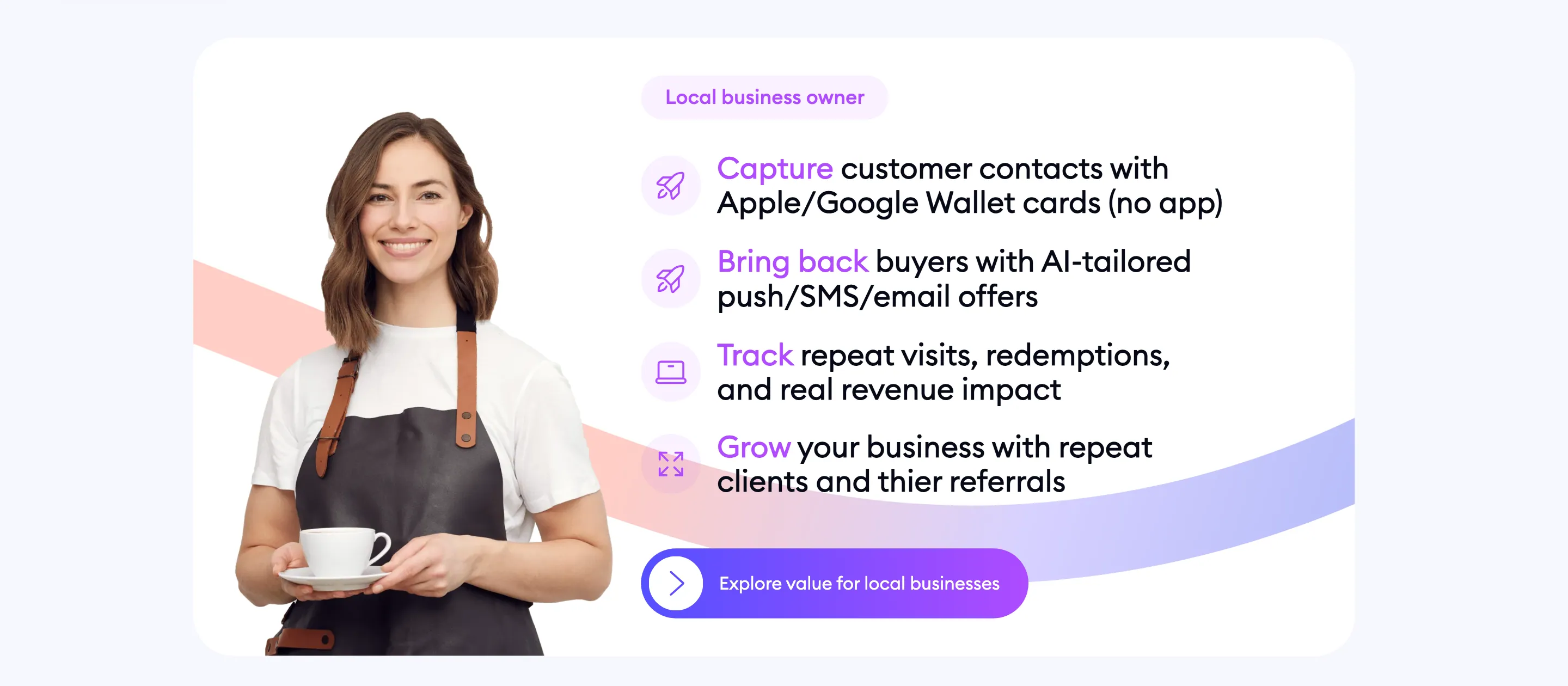 The local business owner card: a woman in an apron holding a coffee cup beside four points — capture customer contacts with Apple/Google Wallet cards, bring back buyers with AI-tailored offers