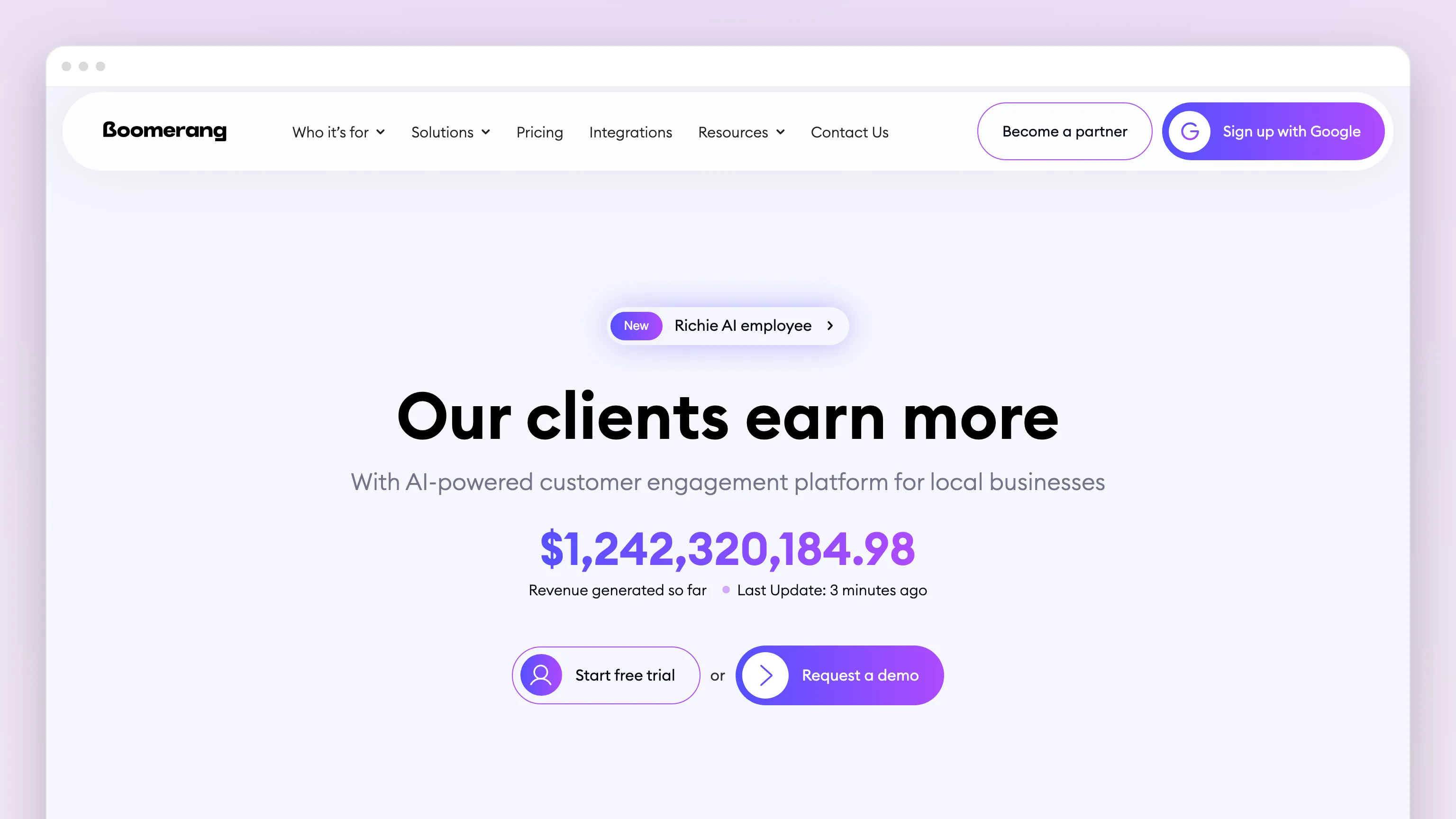 The Boomerangme home page in a browser window — "Our clients earn more" above a running total of revenue generated through the platform, and two pill buttons, Start free trial and Request a demo