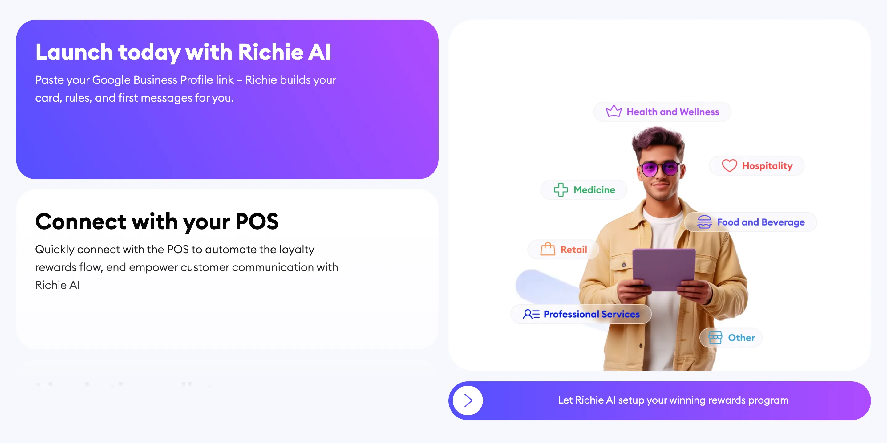 Two steps of the how-it-works flow — "Launch today with Richie AI" on a purple card and "Connect with your POS" below it — beside a man holding a tablet, ringed by industry chips: Health and Wellness