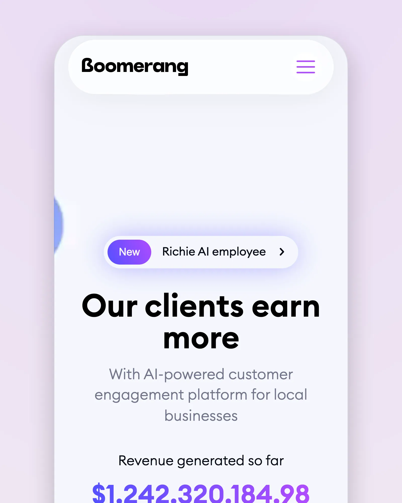 The Boomerangme home page on a phone: the Richie AI employee badge, "Our clients earn more", and the revenue counter
