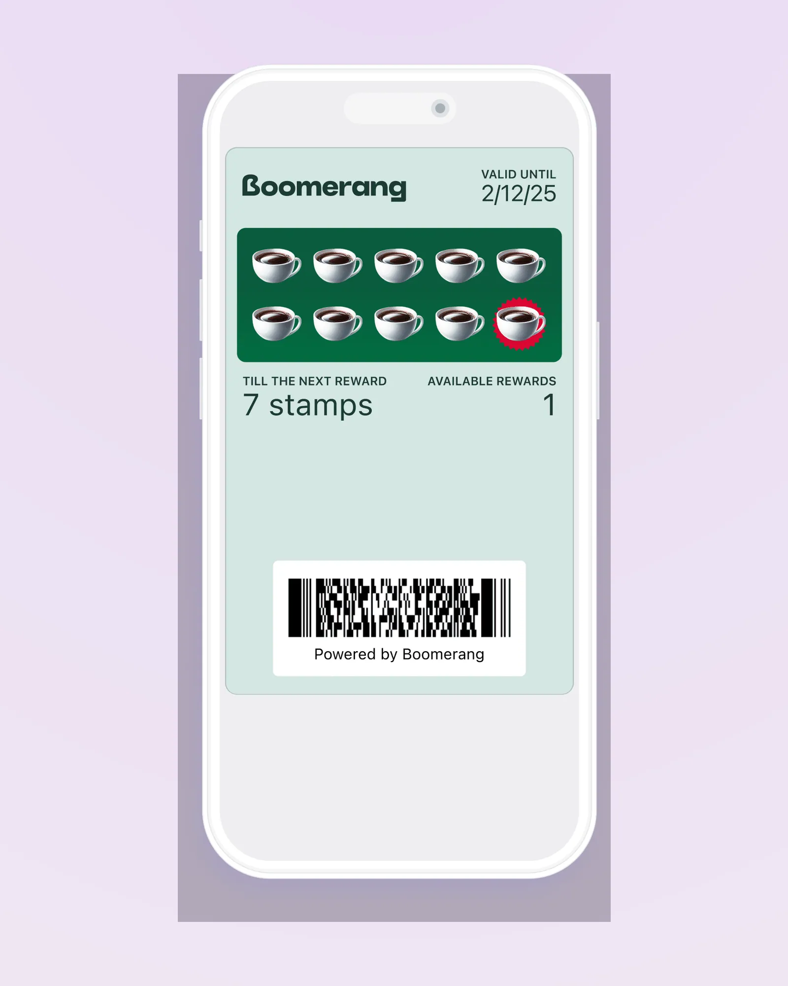 A Boomerang punch card in a phone’s wallet: ten coffee-cup stamps, "Till the next reward: 7 stamps", "Available rewards: 1", and a barcode