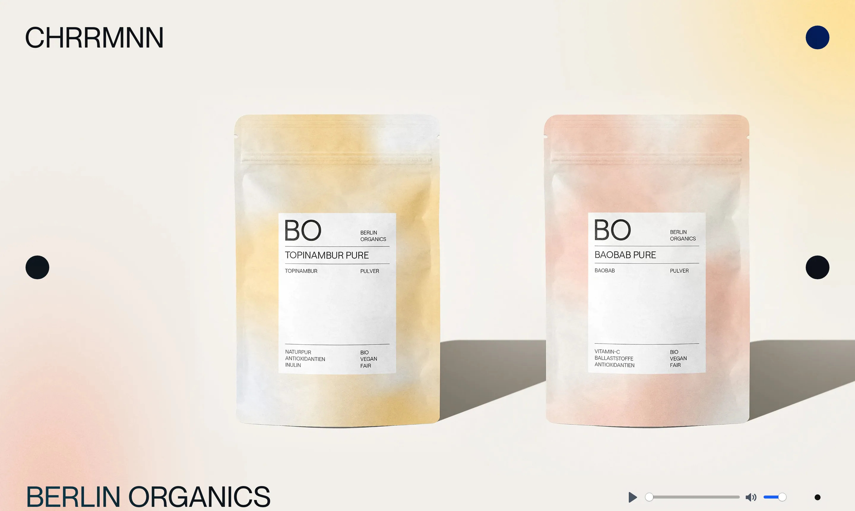 The top of the Berlin Organics project page: two superfood pouches, Topinambur Pure and Baobab Pure, on a soft yellow-to-pink gradient, and "BERLIN ORGANICS" set large beneath