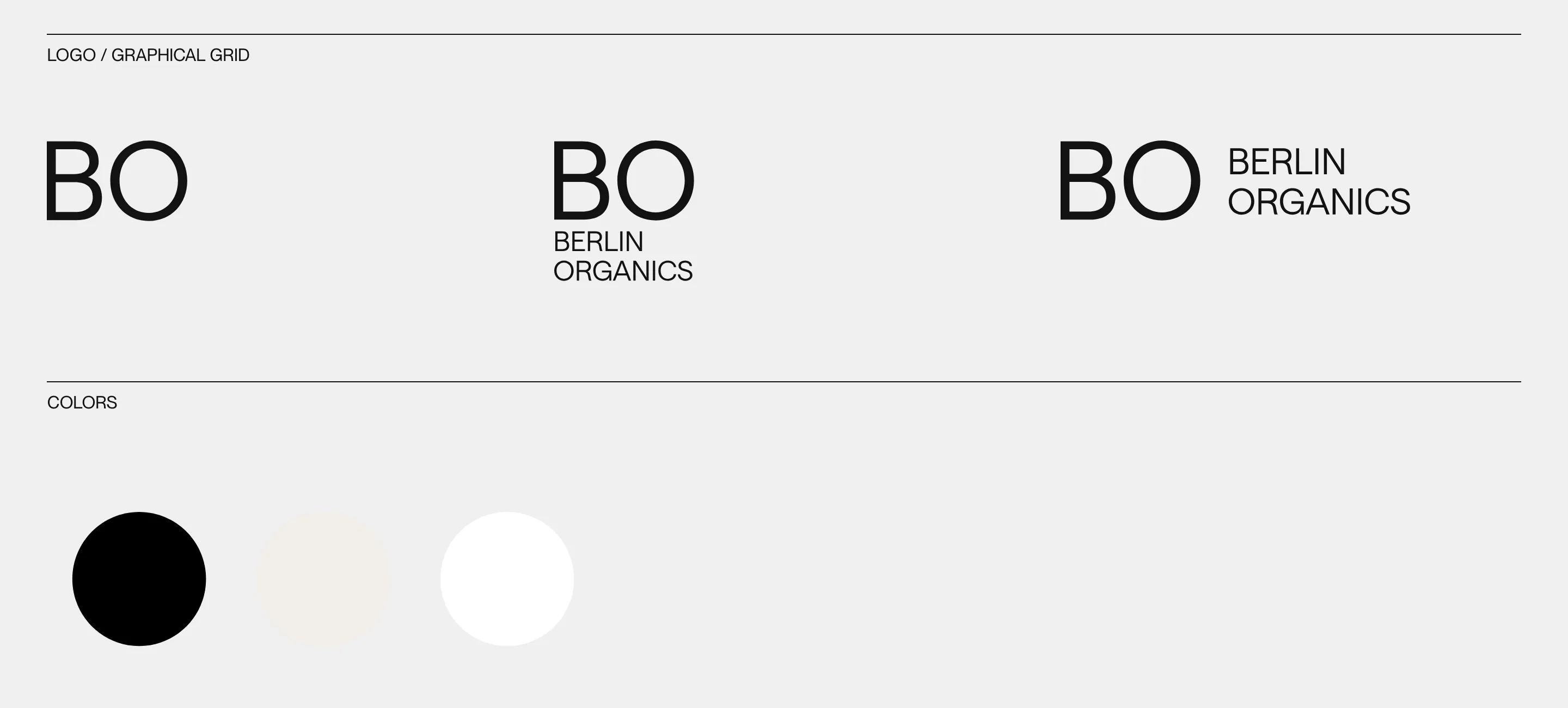 "LOGO / GRAPHICAL GRID": the BO mark in three lockups, then "COLORS": three discs — black, off-white, white