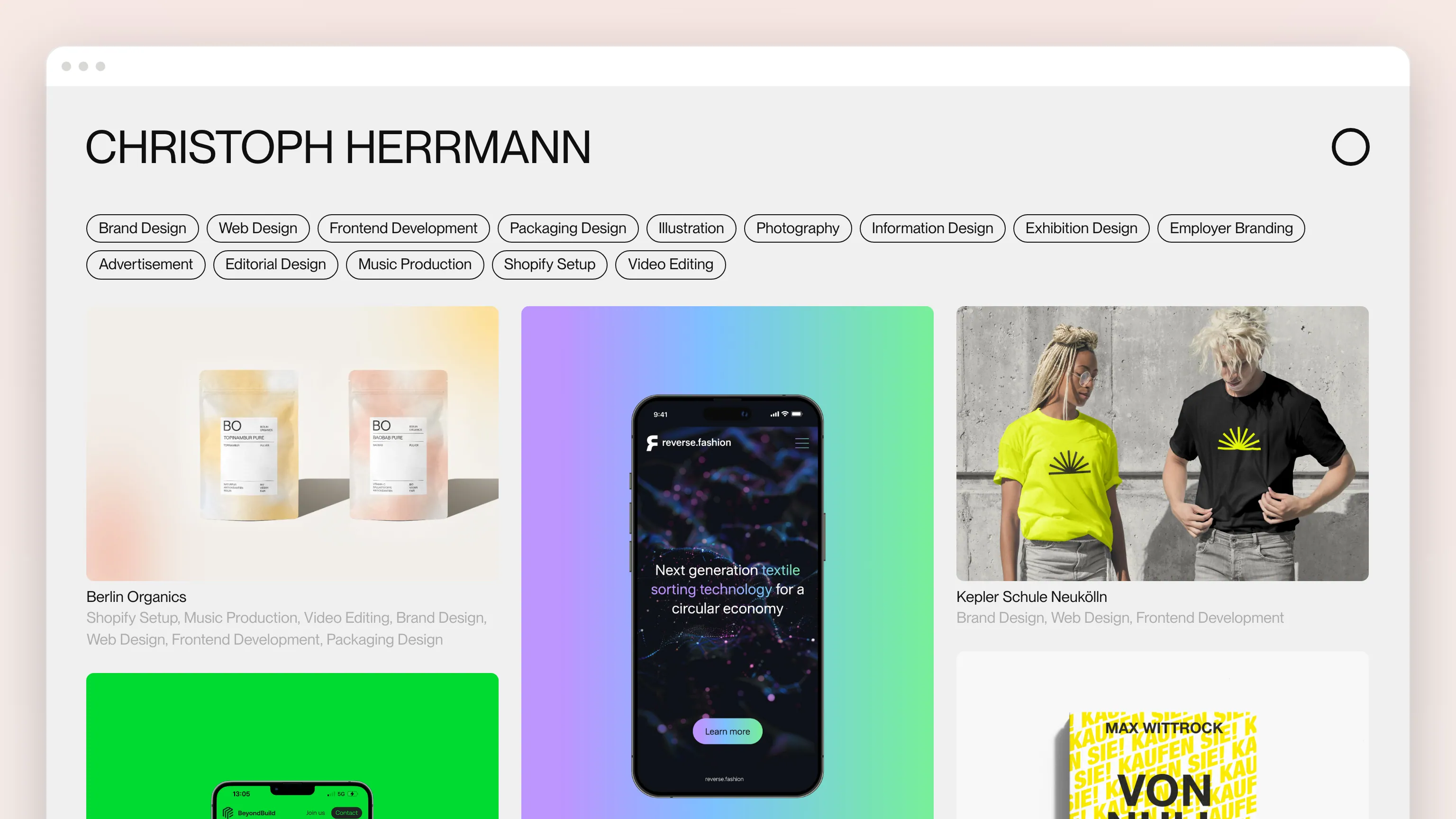 The portfolio page in a browser window: a row of discipline filters — Brand Design, Web Design, Frontend Development, Packaging Design, Illustration… — over a grid of project thumbnails