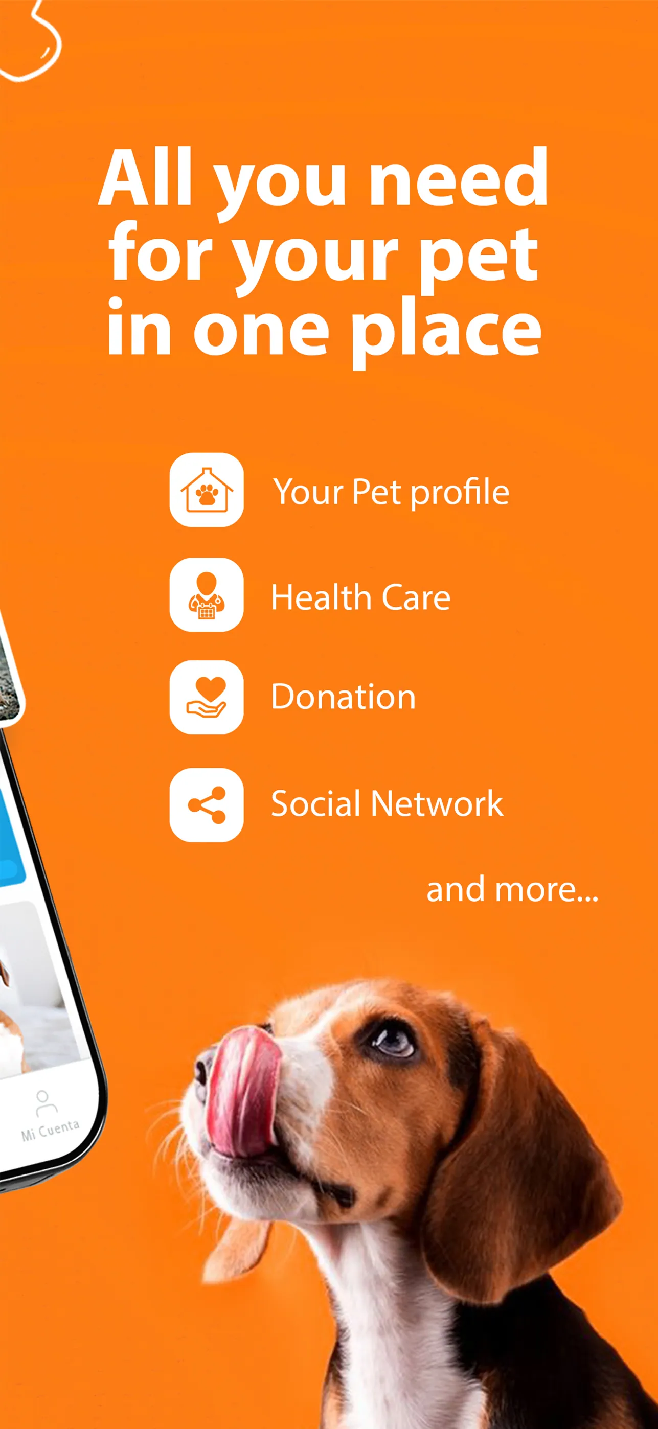 The listing’s second panel: "All you need for your pet in one place" over a list — Your Pet profile, Health Care, Donation, Social Network, and more… — with a beagle licking its nose at the bottom
