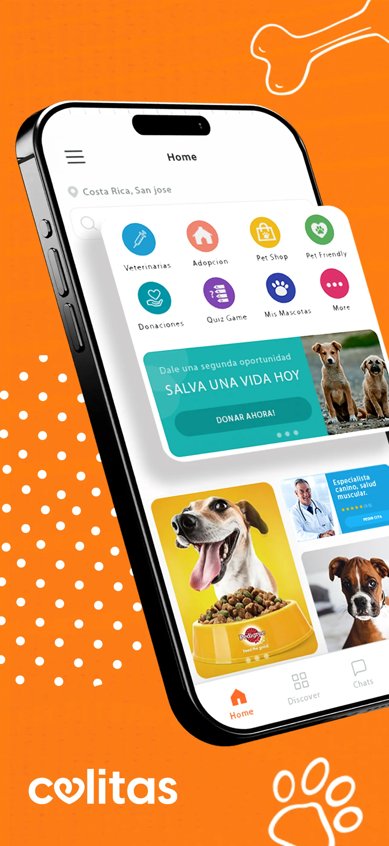 The listing’s first panel: a phone tilted on the orange ground showing the home screen — Costa Rica, San José; a grid of Veterinarias, Adopción, Pet Shop, Pet Friendly, Donaciones, Quiz Game