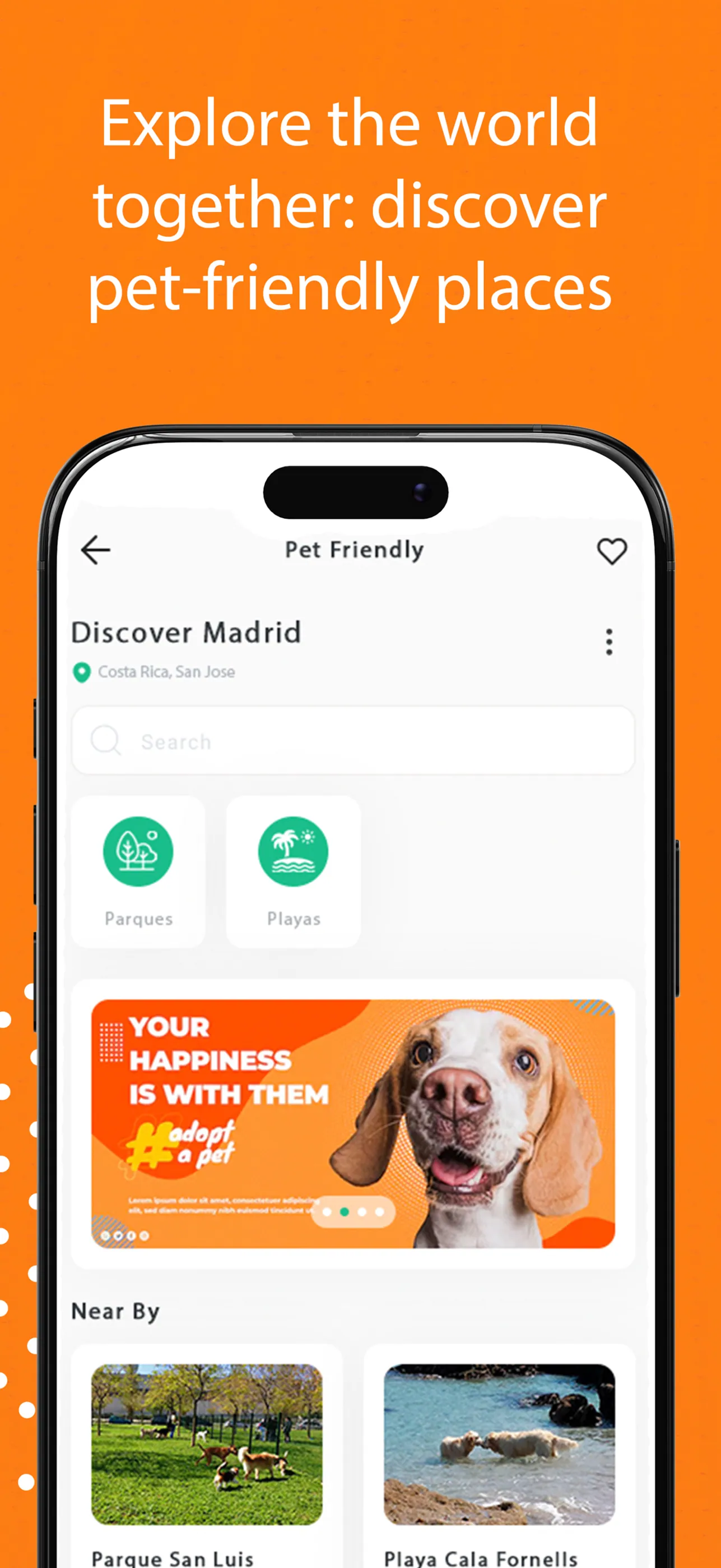 The listing’s last panel: "Explore the world together: discover pet-friendly places" over a phone showing Pet Friendly — Discover Madrid, Parques and Playas chips