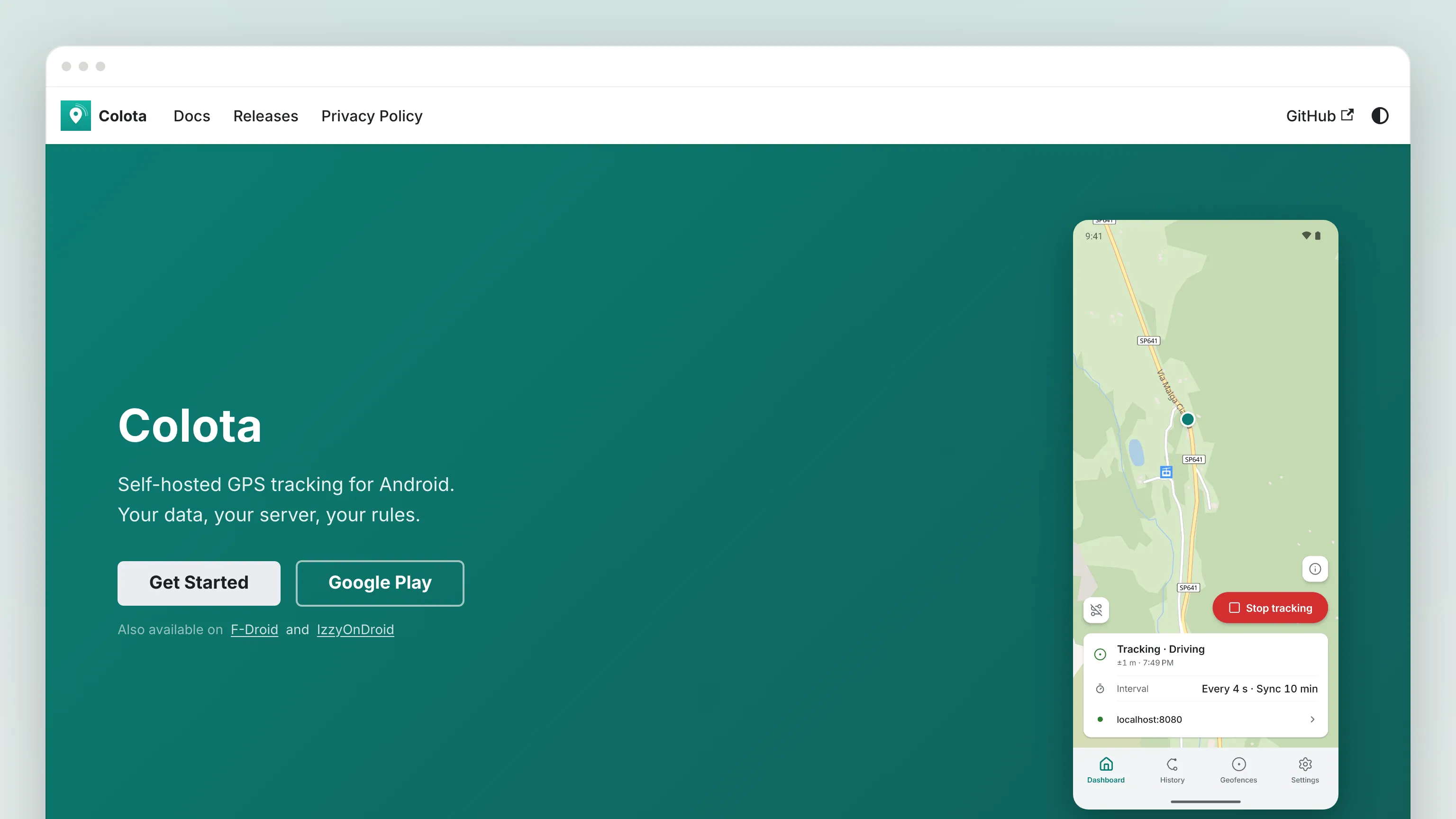 The colota.app home page in a browser window: a light header with Colota, Docs, Releases, Privacy Policy, GitHub