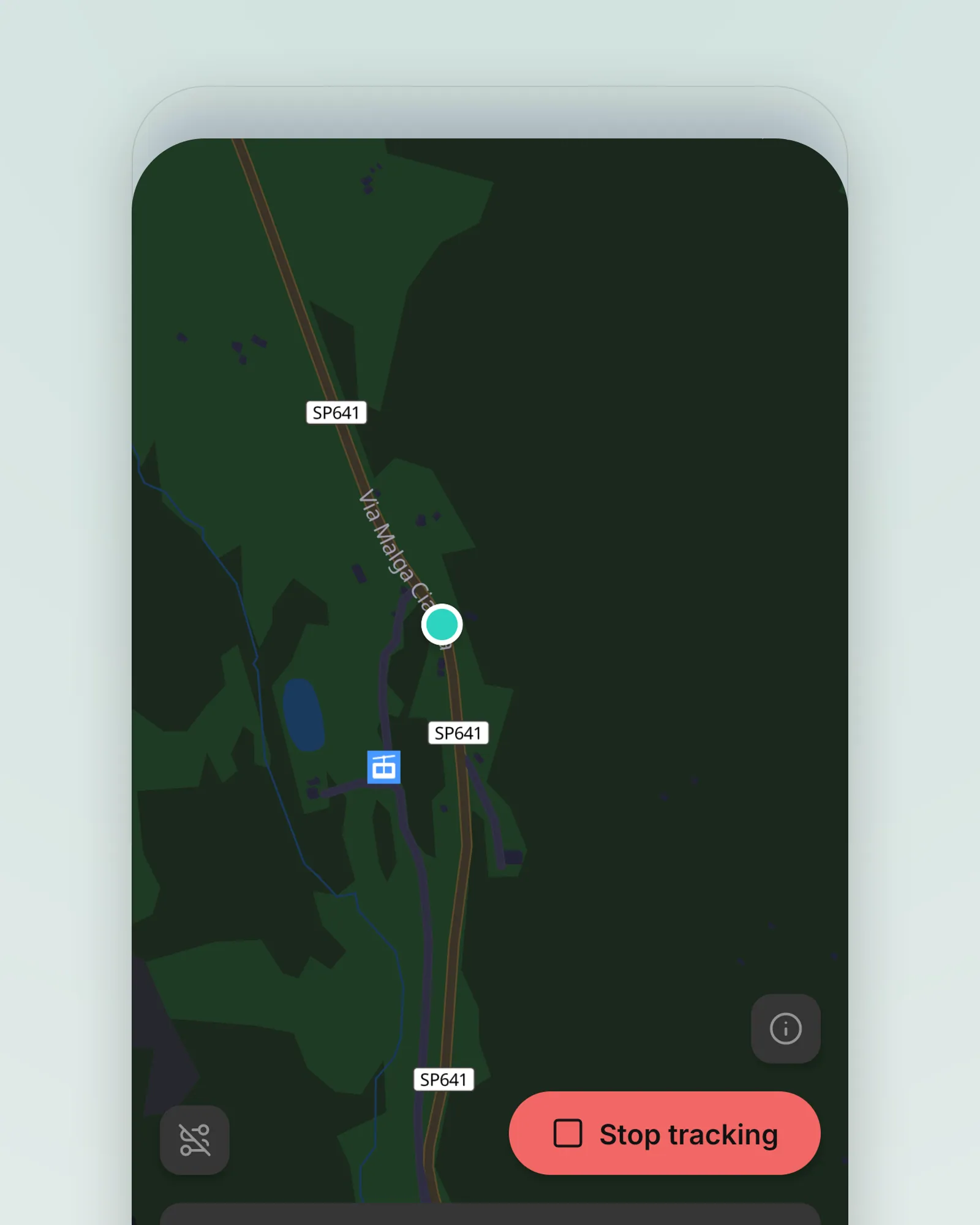 The dashboard in dark mode on a phone: the same valley road on a near-black map, a teal position dot and the red Stop tracking button