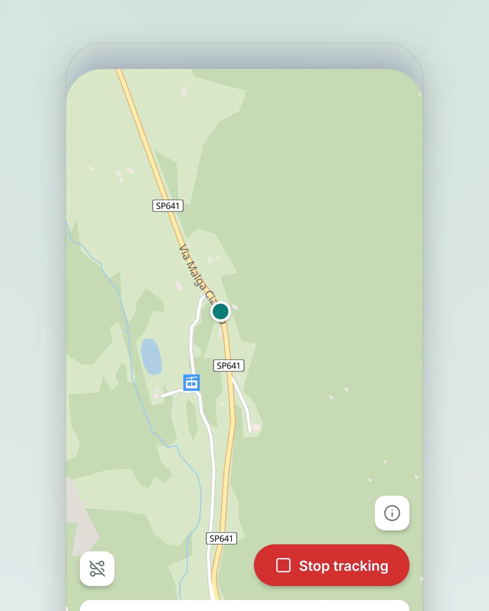 The Colota dashboard on a phone: a pale green map of a valley road, SP641, with a teal position dot, a red Stop tracking button and a small offline icon