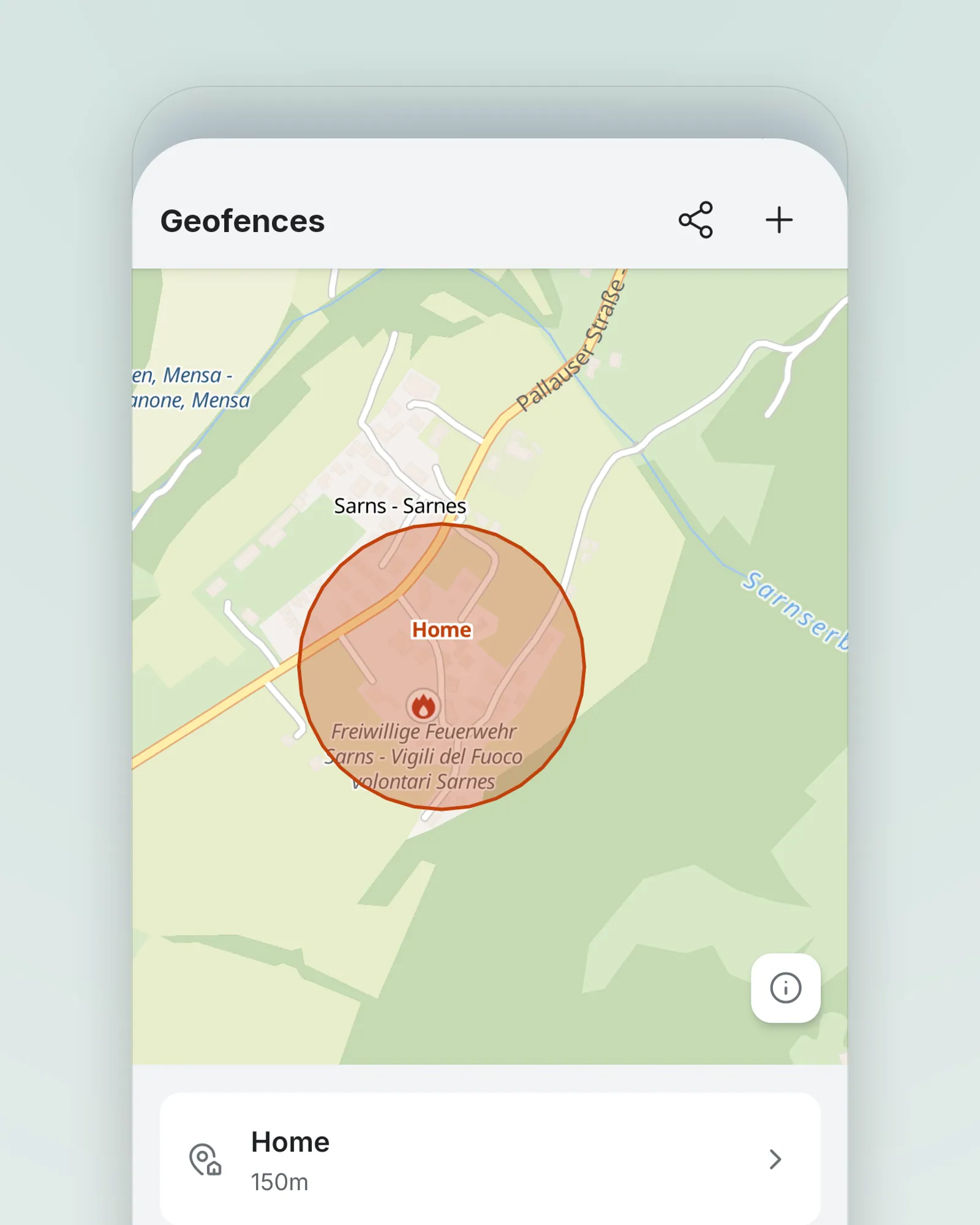 Geofences on a phone: a map of Sarns · Sarnes with a translucent red circle labelled Home, and a card below — Home, 150m