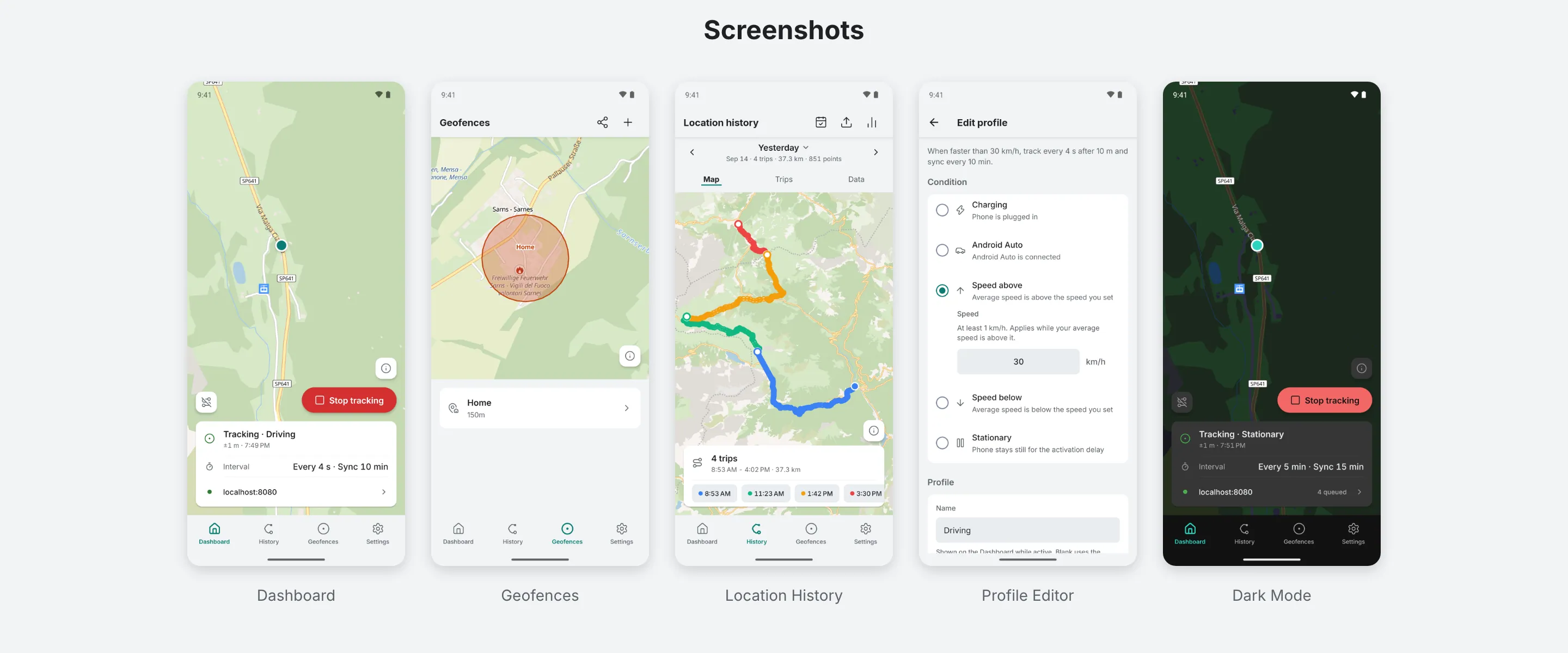 The site’s Screenshots row: five Android screens — Dashboard with a Tracking · Driving card (every 4 s, sync 10 min, localhost:8080), Geofences, Location History with 4 trips and their times