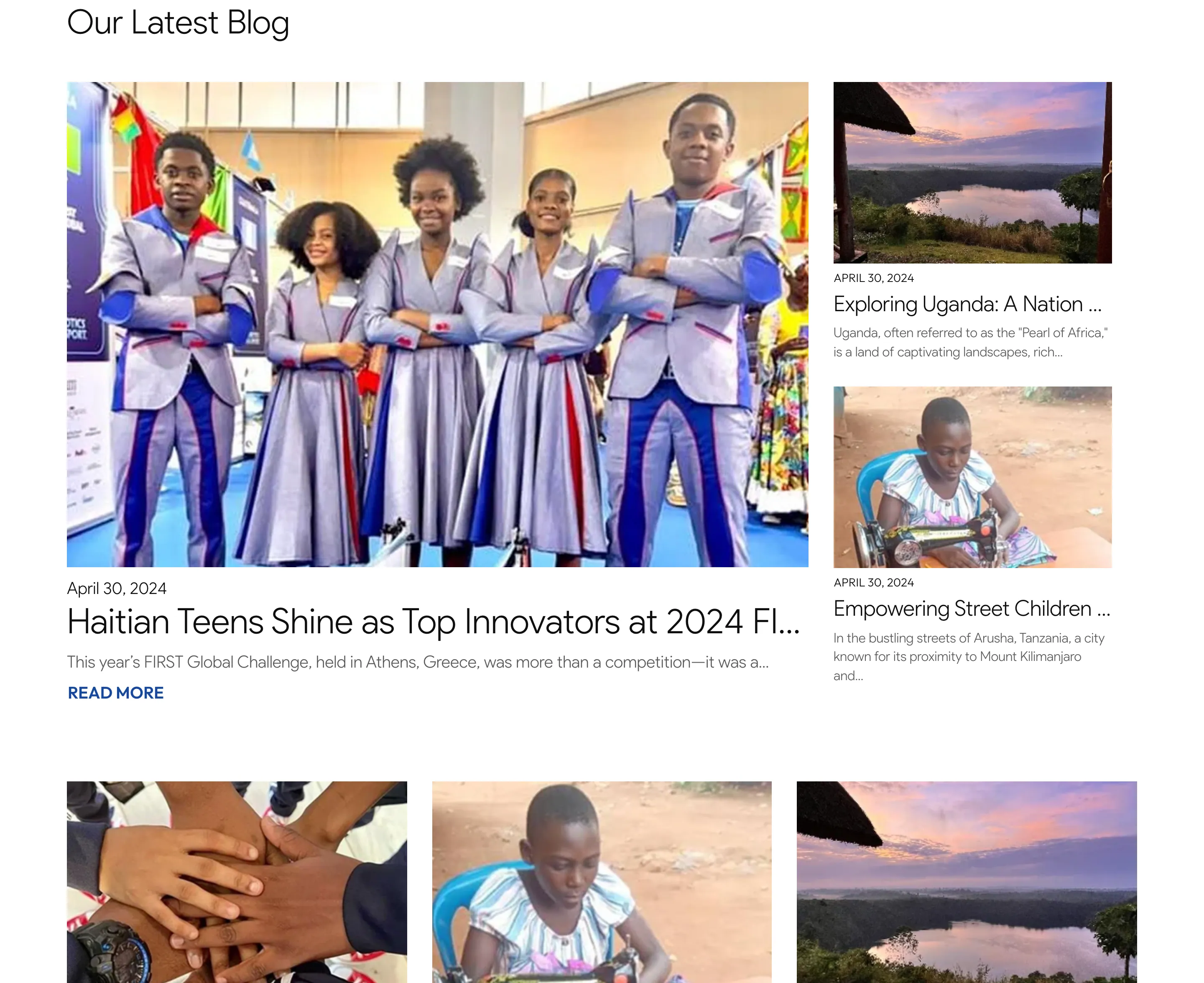 "Our Latest Blog": a large card, "Haitian Teens Shine as Top Innovators at 2024 FIRST Global Challenge" with a team in grey and blue uniforms