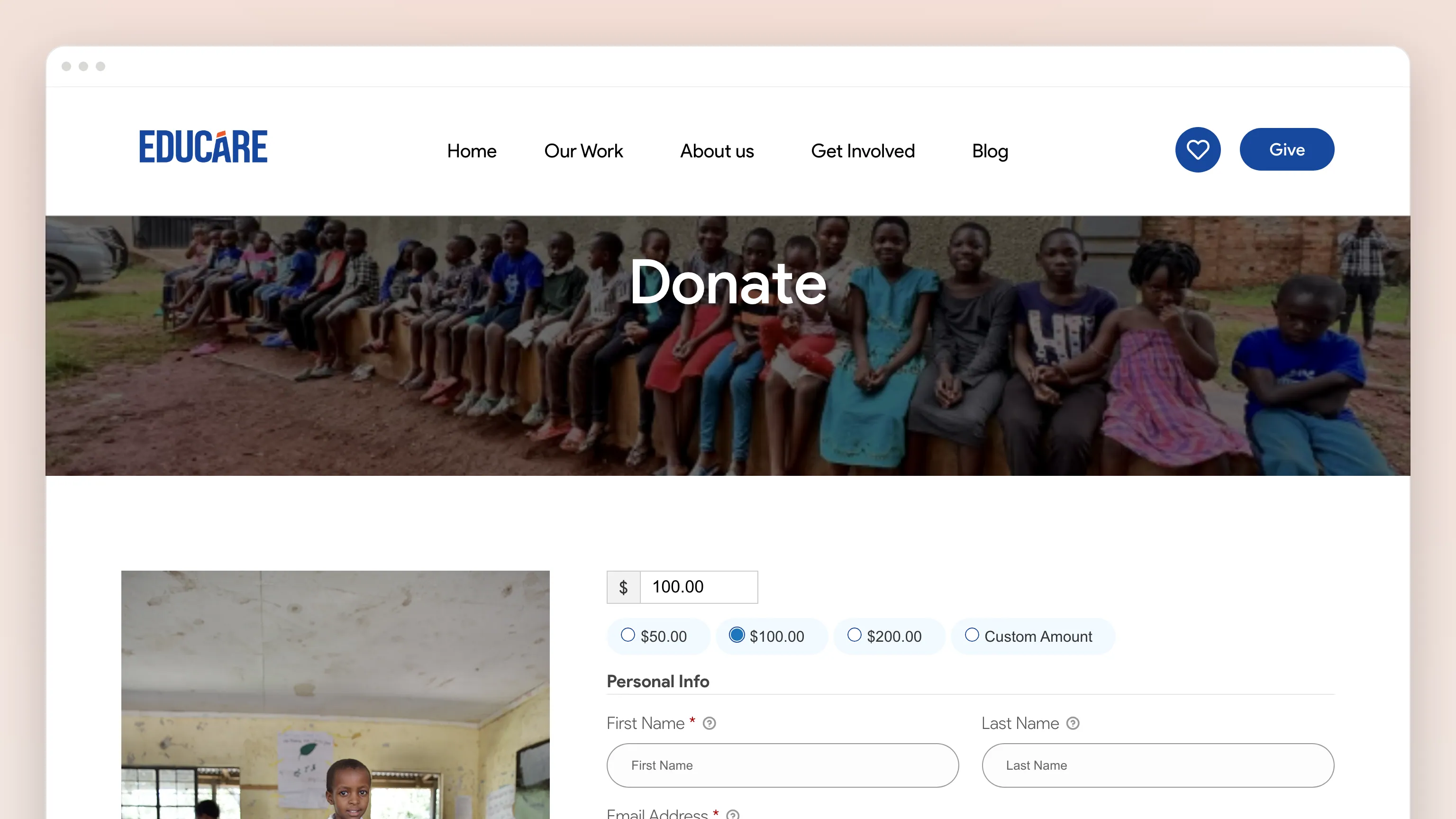 The Donate page in a browser window: a photograph of children seated outdoors under "Donate", then a donation form — $100.00 with $50, $100, $200 and Custom Amount options, Personal Info fields