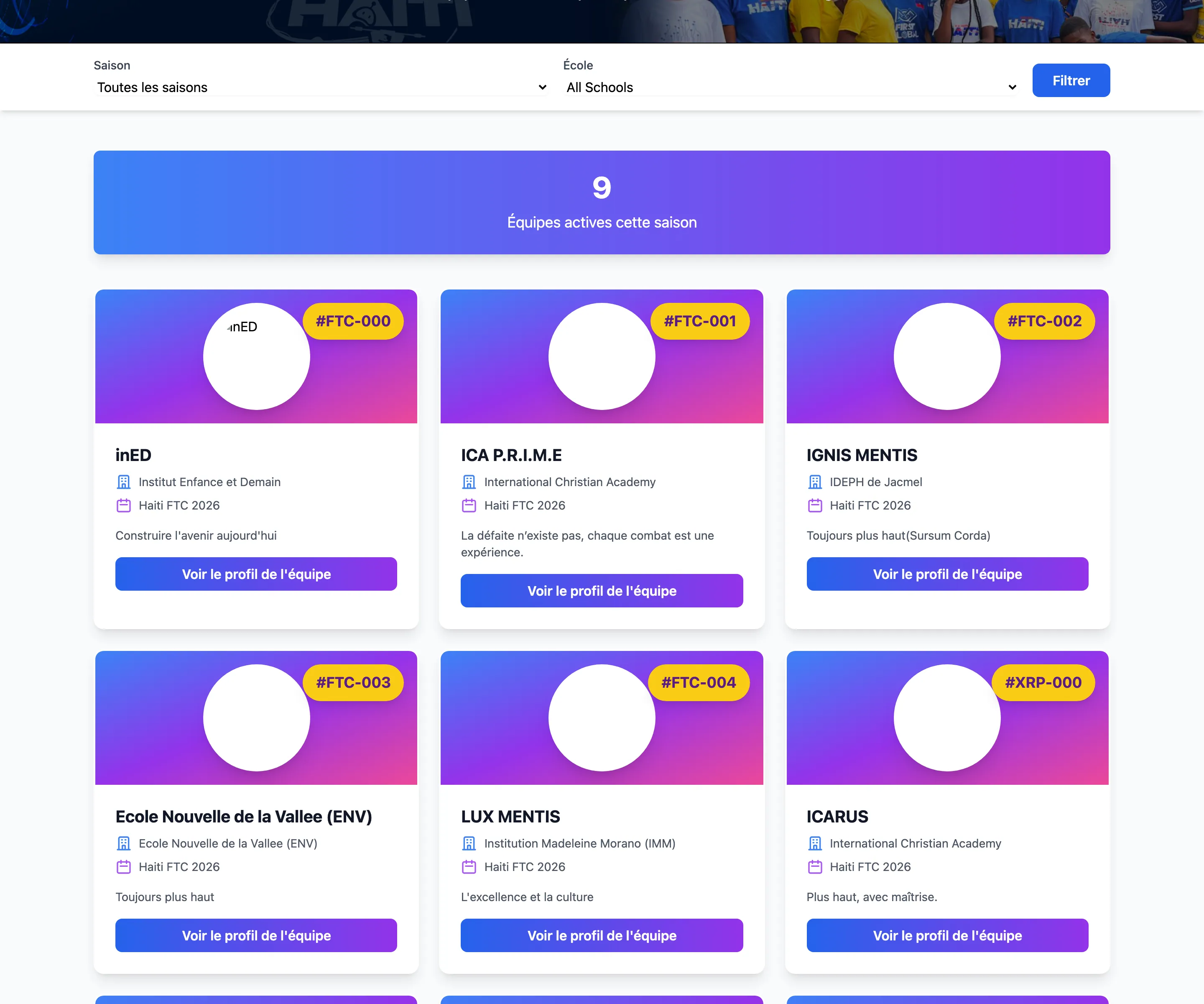 The FTC Teams page: Saison and École filters, a purple banner "9 Équipes actives cette saison", and a grid of team cards in blue-to-purple — inED, ICA P.R.I.M.E, IGNIS MENTIS