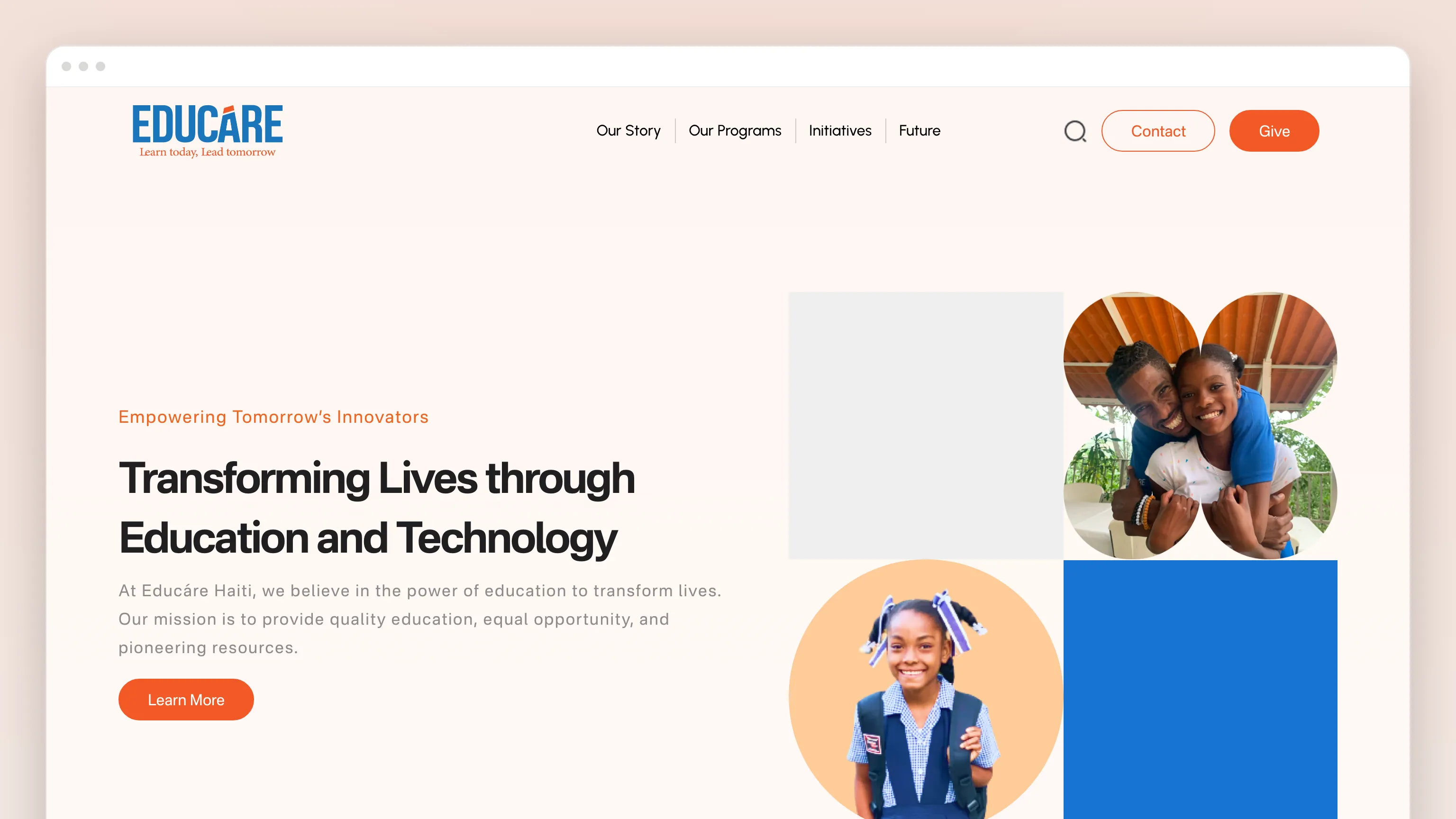 The Educare Haiti home page in a browser window: a warm cream ground, "Empowering Tomorrow’s Innovators — Transforming Lives through Education and Technology", an orange Learn More button
