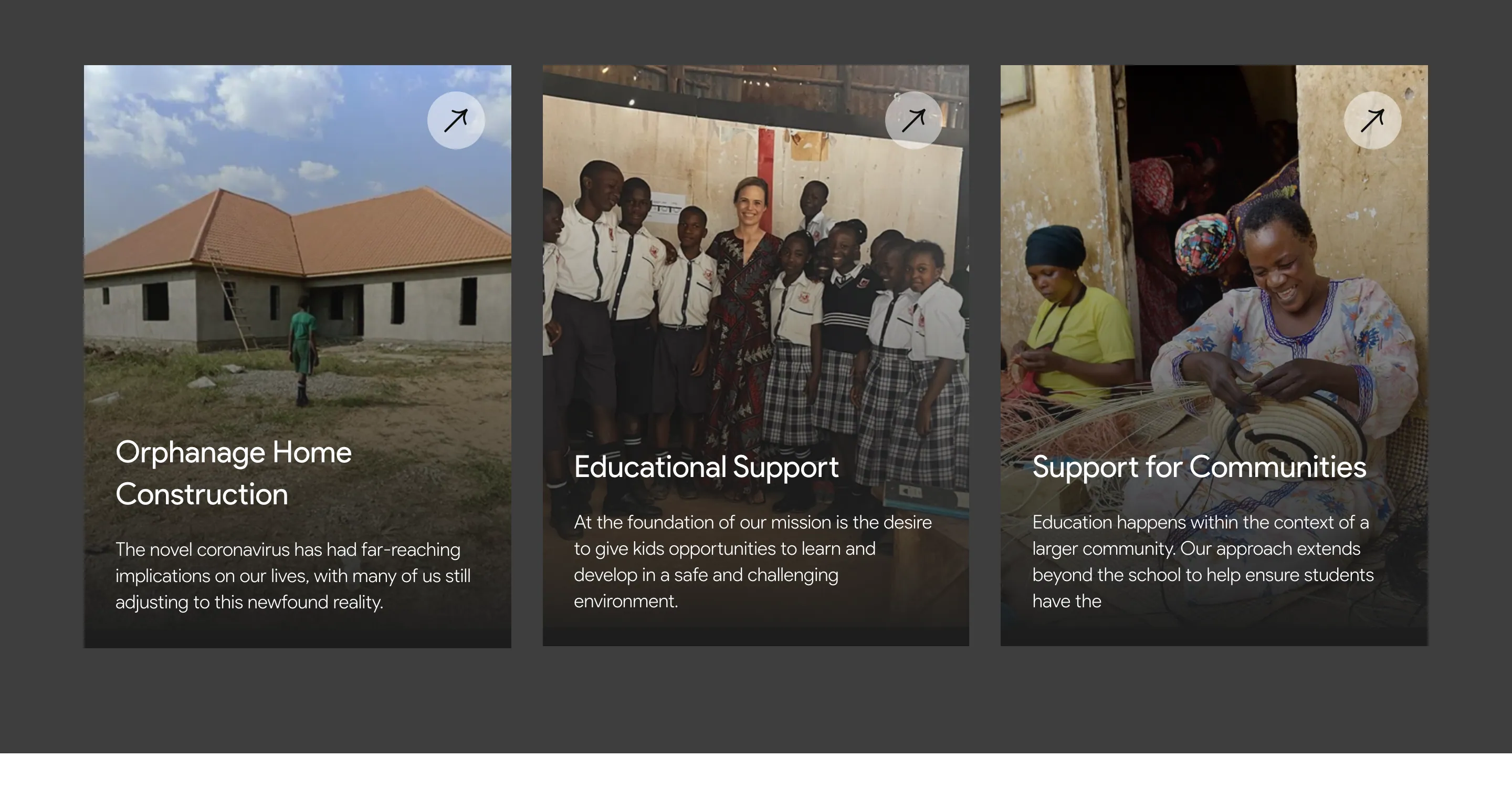 Three dark photo cards with arrow links — Orphanage Home Construction, Educational Support, Support for Communities — each with a short paragraph