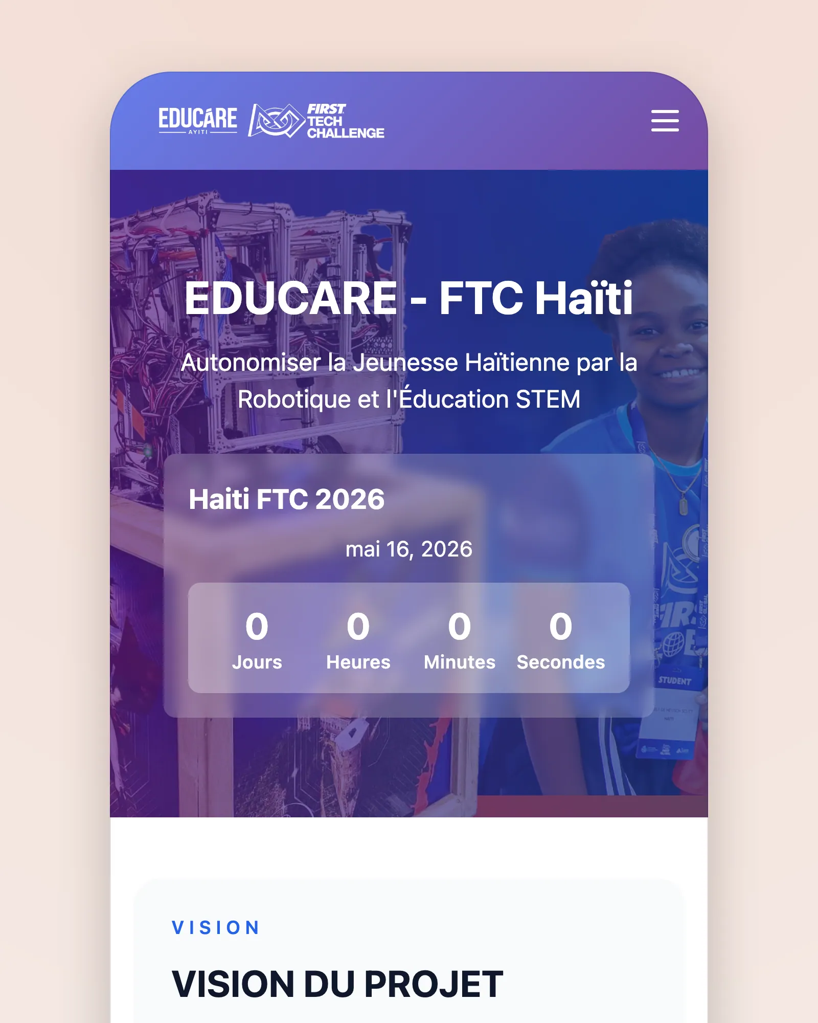 The FTC Haiti site on a phone: the Educare Haiti and FIRST Tech Challenge logos, "EDUCARE - FTC Haïti — Autonomiser la Jeunesse Haïtienne par la Robotique et l’Éducation STEM"