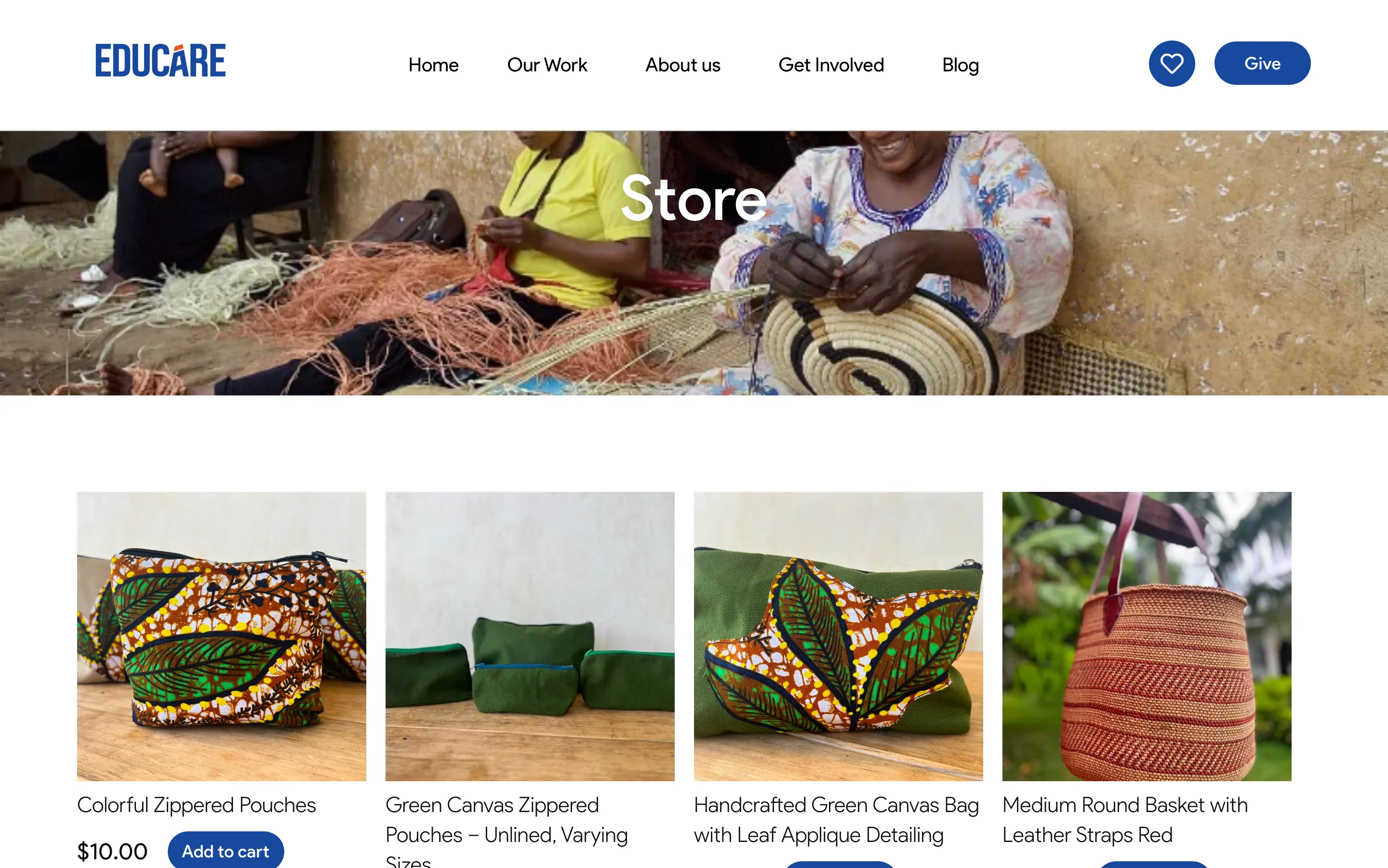 The Store page: a photograph of hands weaving under "Store", then four products — Colorful Zippered Pouches $10.00, Green Canvas Zippered Pouches, a Handcrafted Green Canvas Bag with Leaf Applique