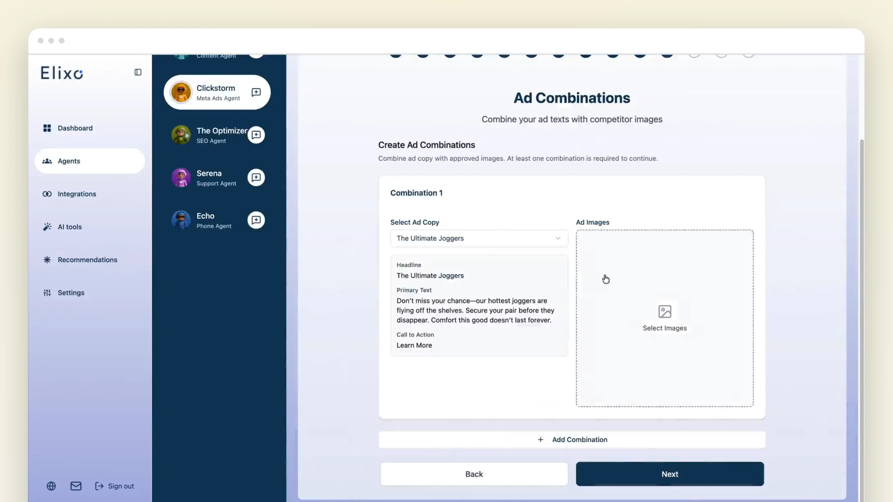 The "Ad Combinations" step: a generated headline, primary text and call to action on the left, an empty "Select Images" slot on the right, and an "Add Combination" button