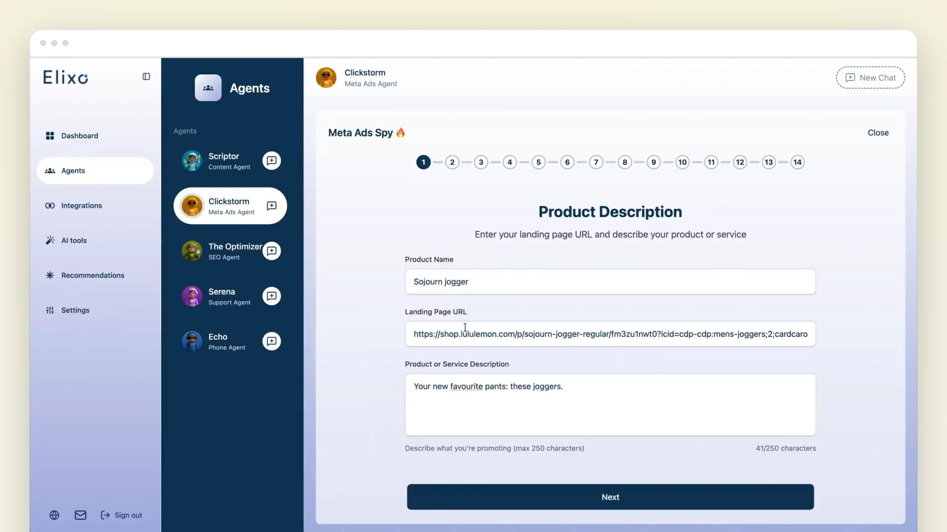 The Elixo app in a browser window: the agent sidebar with Scriptor, Clickstorm, The Optimizer, Serena and Echo, and step one of Meta Ads Spy — Product Description, with a product name