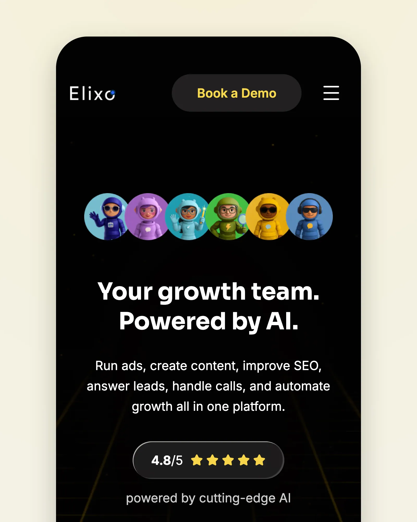 The Elixo home page on a phone: the six avatars, "Your growth team. Powered by AI." and the 4.8/5 rating pill on black