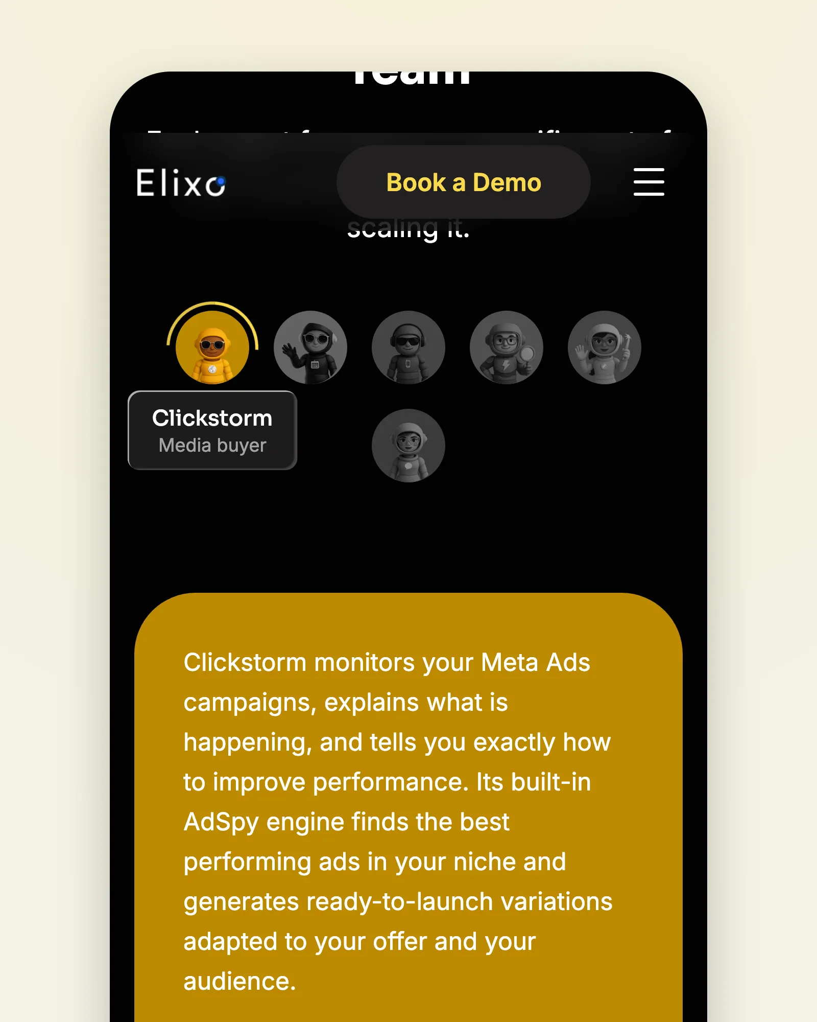 The agent chooser on a phone — Clickstorm selected, five agents greyed — above the gold card describing what Clickstorm monitors and generates