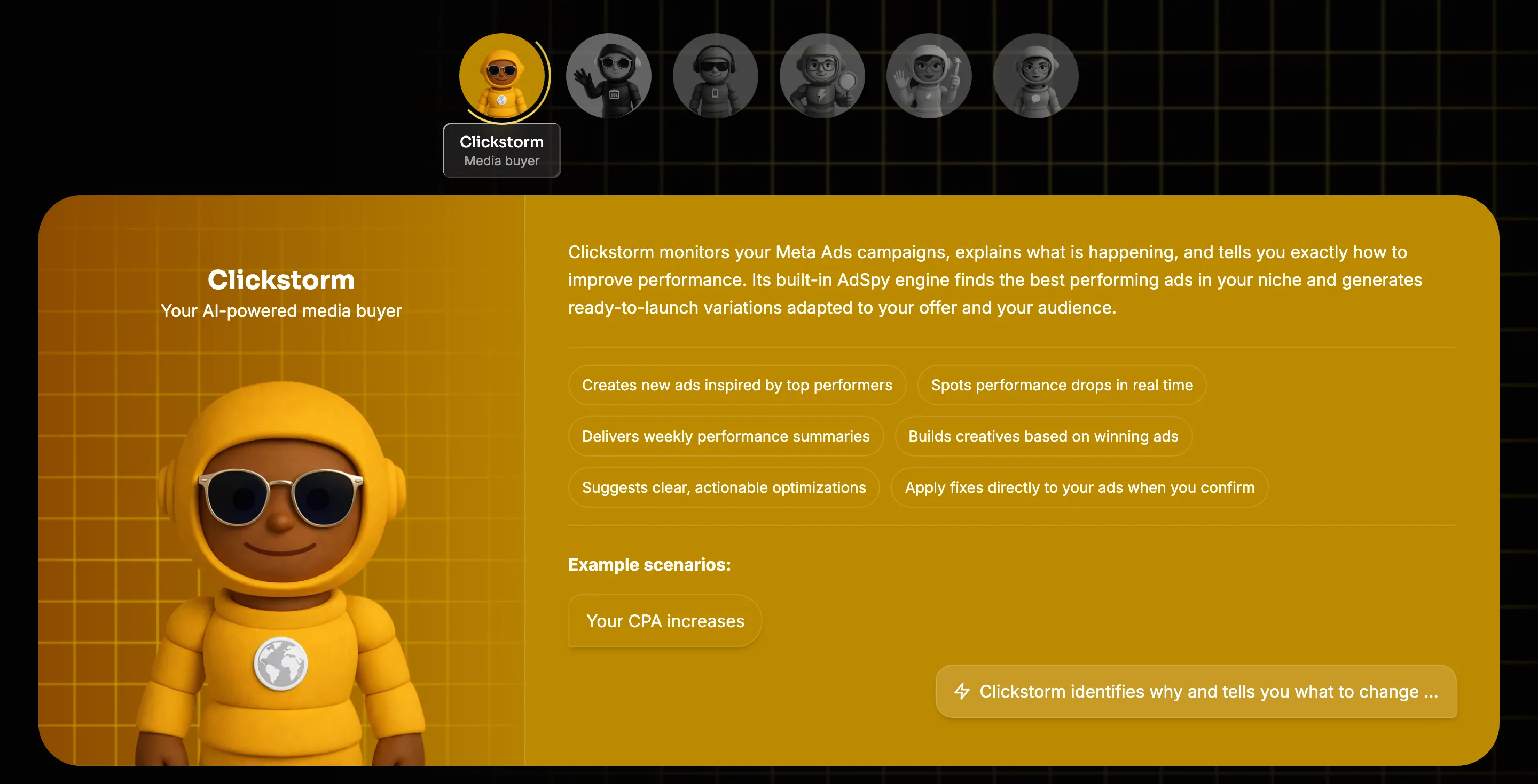 The "Meet Your AI Growth Team" section: six agent avatars in a row with Clickstorm selected, and below it the gold Clickstorm card — "Your AI-powered media buyer", the astronaut character