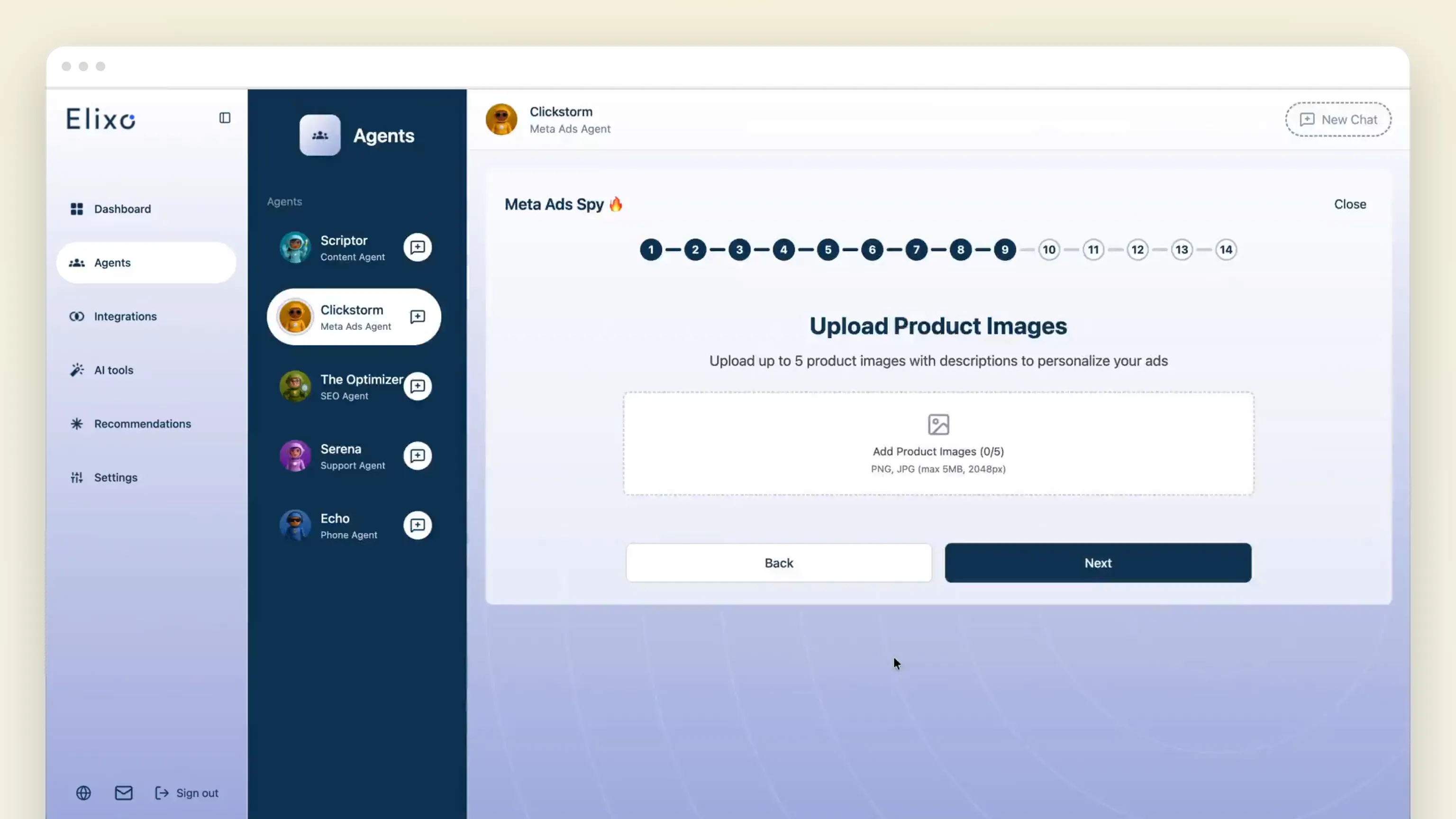 Meta Ads Spy in the app: the fourteen-step progress bar and the "Upload Product Images" step — "Upload up to 5 product images with descriptions to personalize your ads"