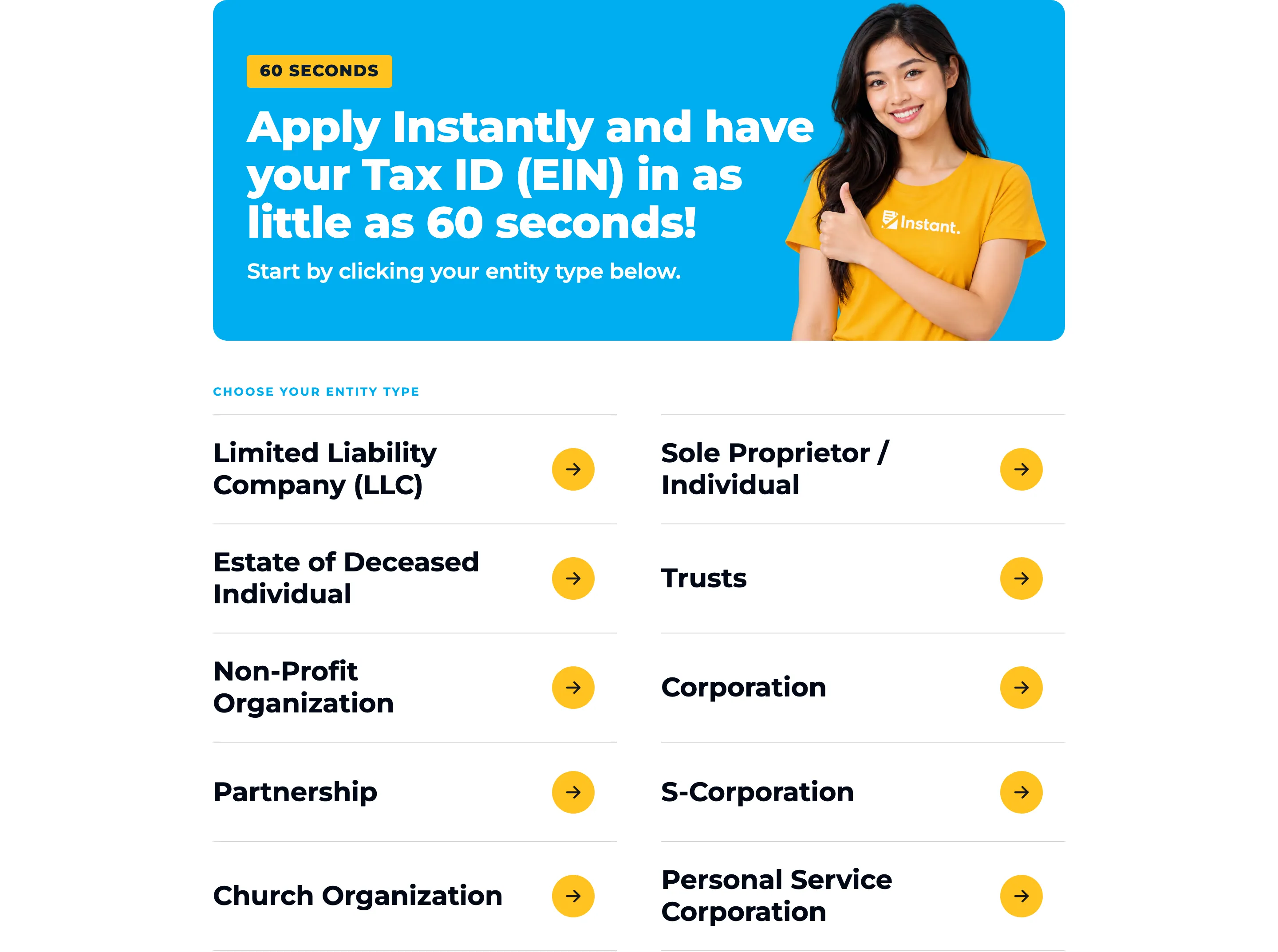 The "Apply Instantly" block — a "60 SECONDS" tag over the headline — and beneath it "Choose your entity type": ten rows with yellow arrow buttons