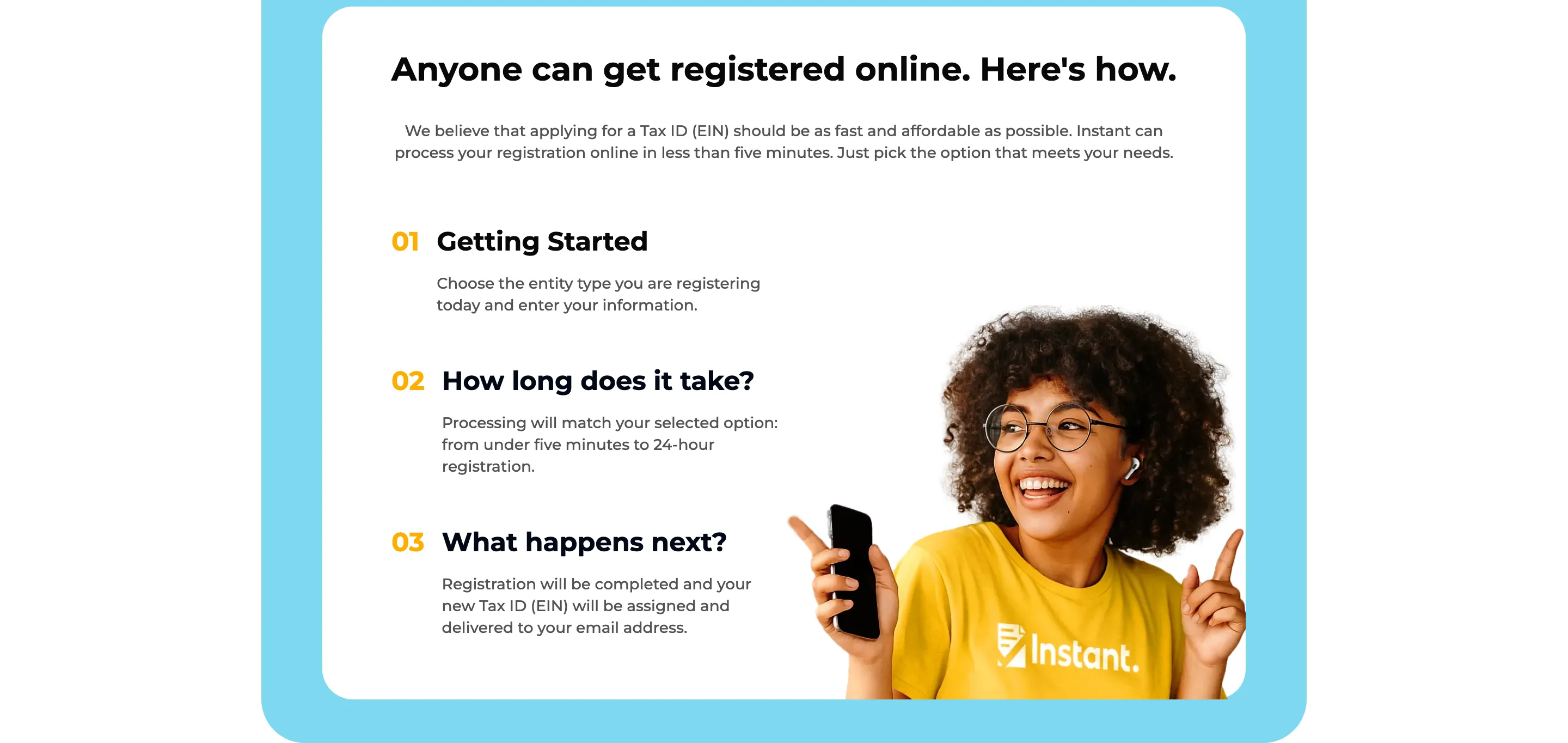 "Anyone can get registered online. Here’s how." — three numbered steps, Getting Started, How long does it take?, What happens next?, beside a photograph of a woman in a yellow Instant t-shirt holding a phone