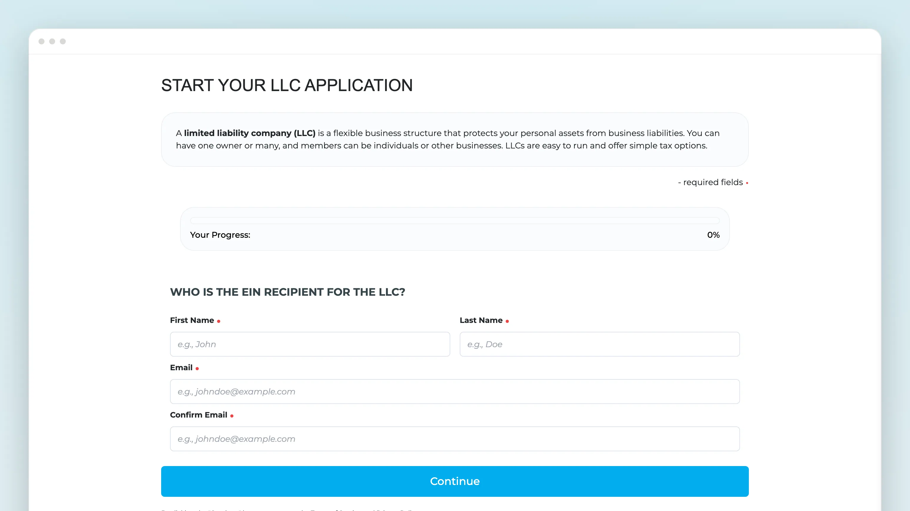 "Start your LLC application" in a browser window: a note on what an LLC is, a progress bar at 0%, "Who is the EIN recipient for the LLC?", four fields and a blue Continue button