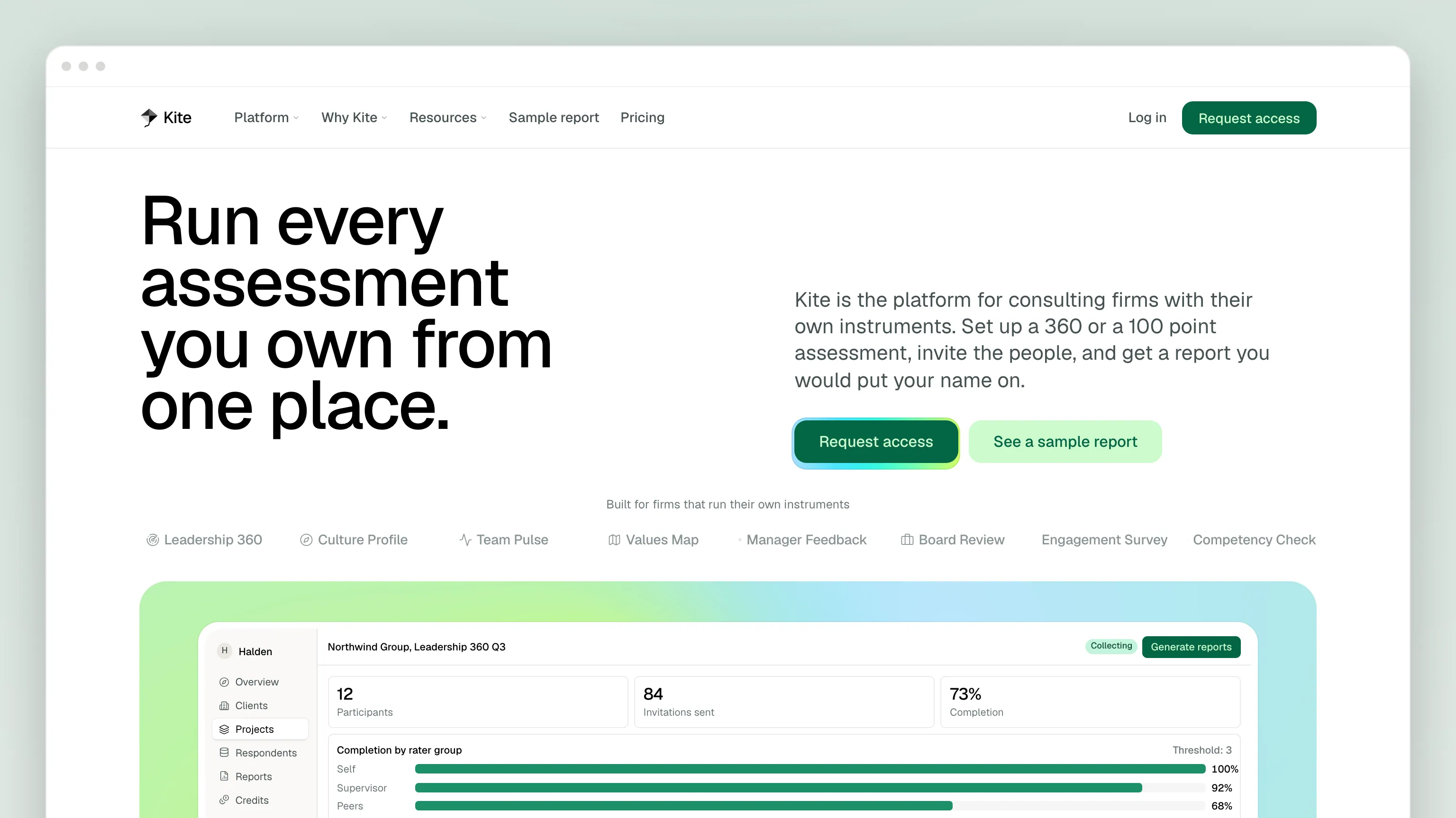 The Kite home page in a browser window: a light header with Kite, Platform, Why Kite, Resources, Sample report, Pricing, Log in and a dark green Request access button