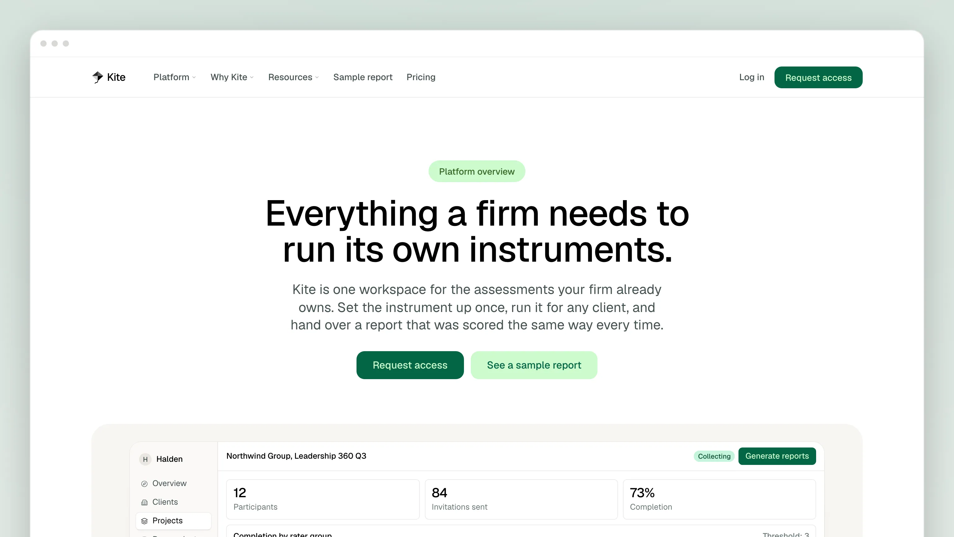 The Platform overview page in a browser window: "Everything a firm needs to run its own instruments." above the same Northwind Group, Leadership 360 Q3 dashboard card, with Request access and See a sample report buttons