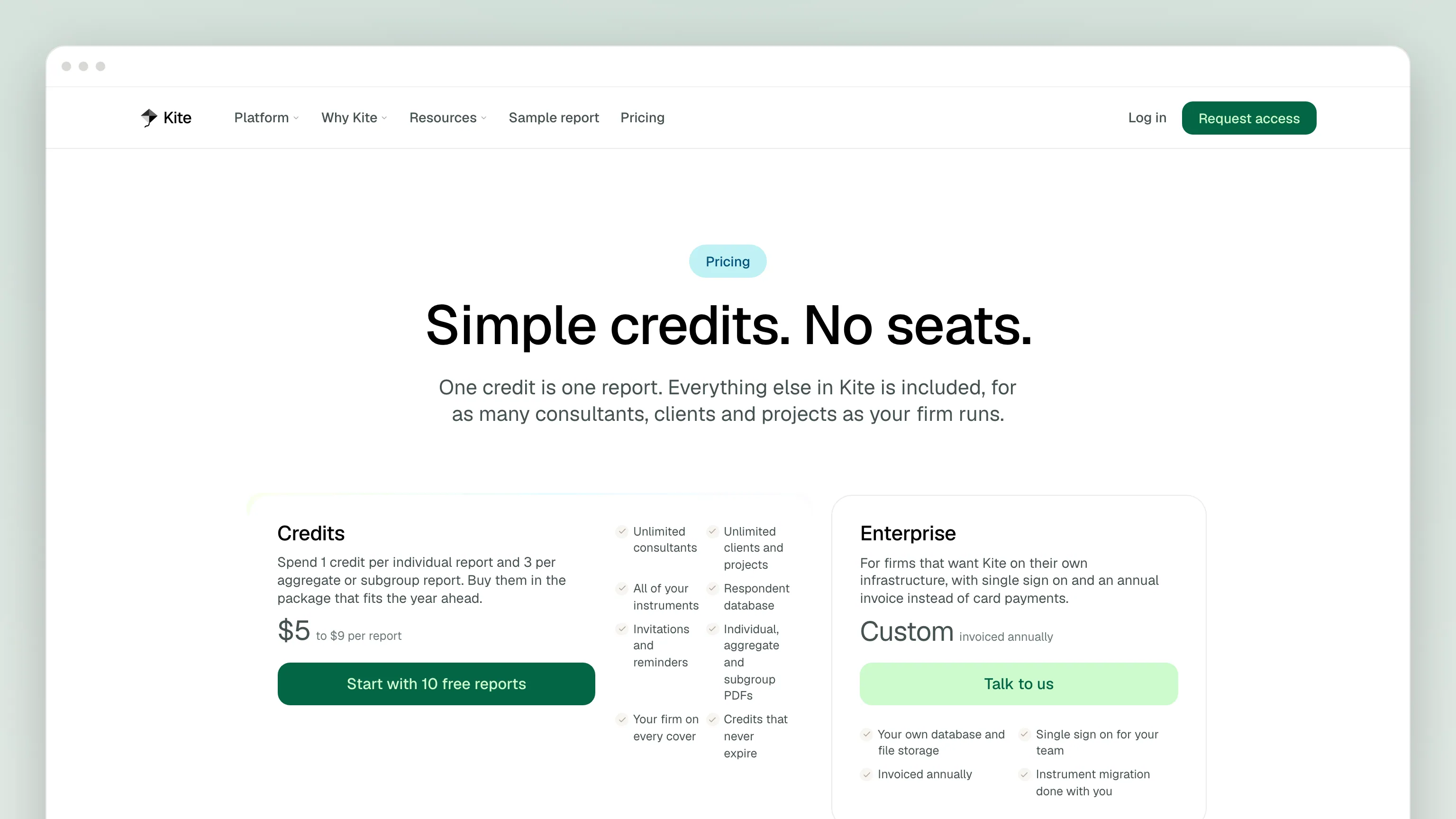 The Pricing page in a browser window: "Simple credits. No seats." above a Credits plan at $5 to $9 per report and an Enterprise plan invoiced annually, each with its own feature checklist