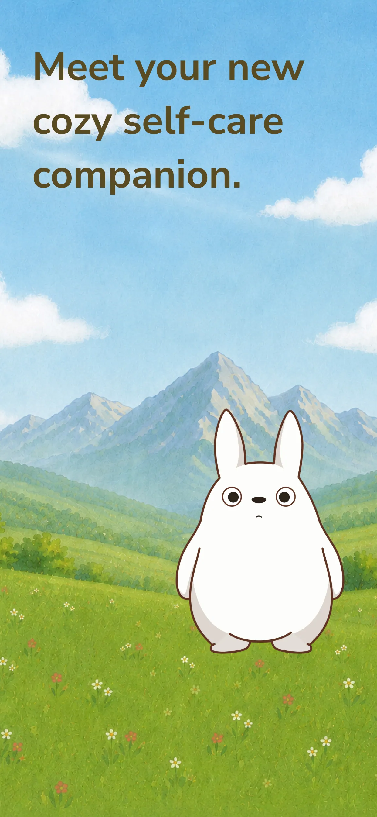 The listing’s first panel: "Meet your new cozy self-care companion." over a painted mountain meadow with Koda, a round white forest spirit, standing in the grass