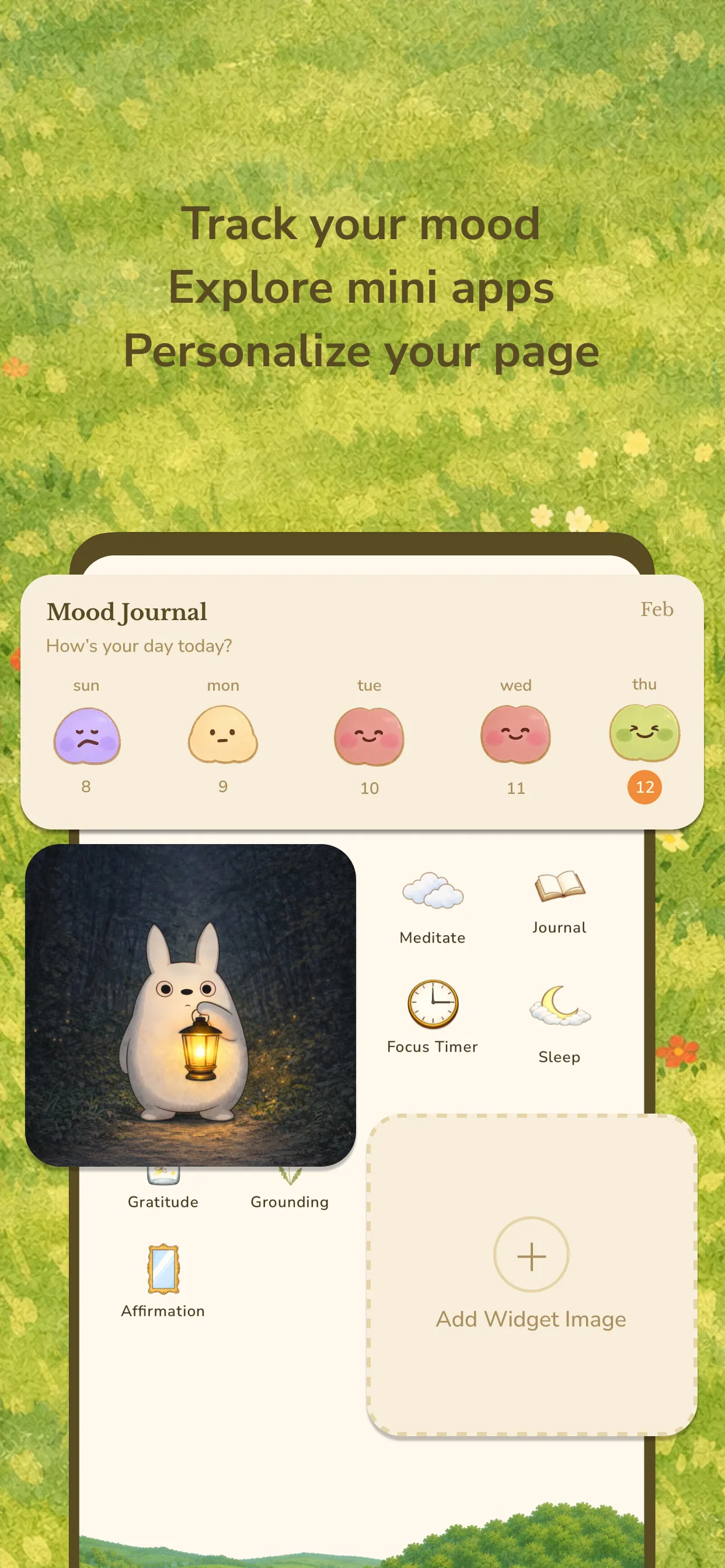 The listing’s panel on the page: "Track your mood, Explore mini apps, Personalize your page" over a cream board on grass — a Mood Journal with a face per day
