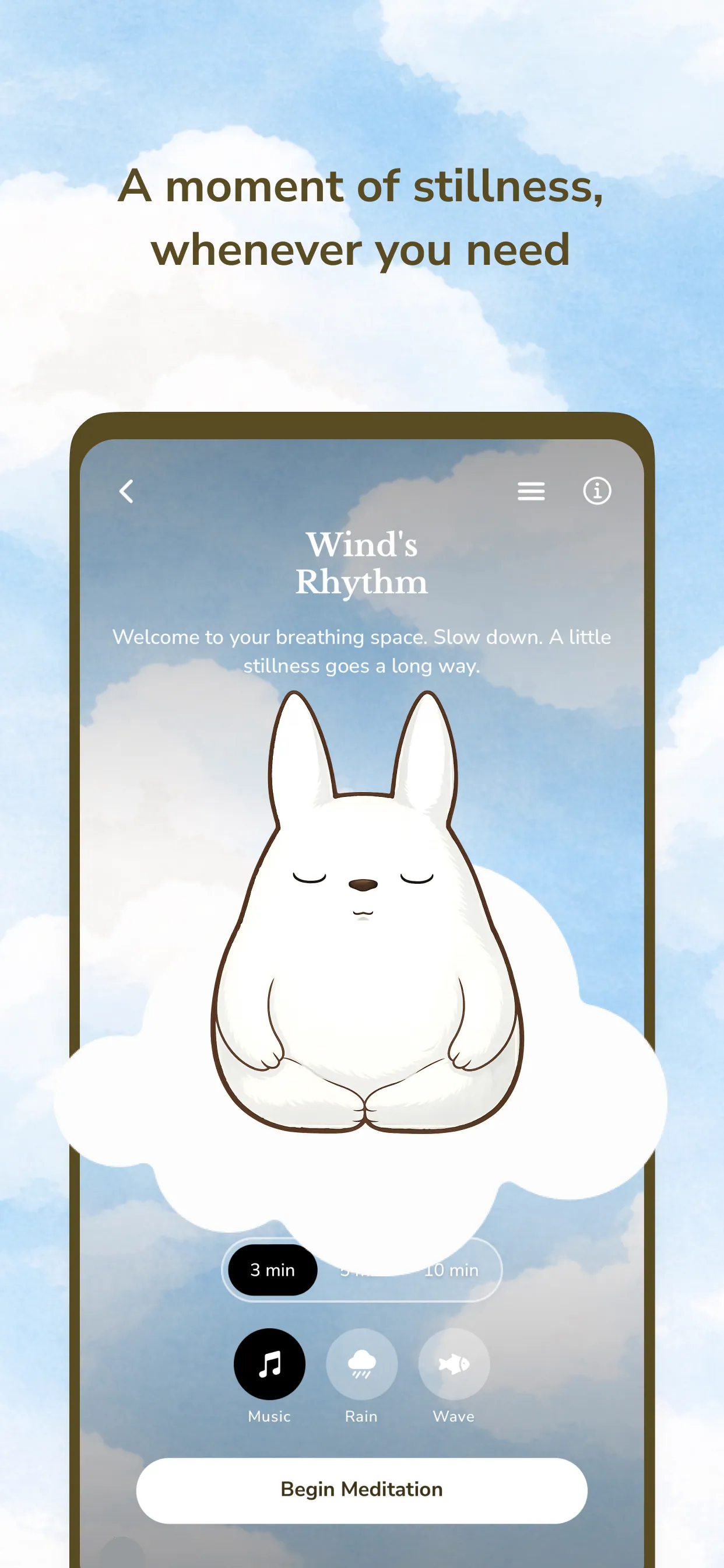 The listing’s breathing panel: "A moment of stillness, whenever you need" over a phone in the clouds showing Wind’s Rhythm — Koda meditating with eyes closed, 3 min / 10 min, Music