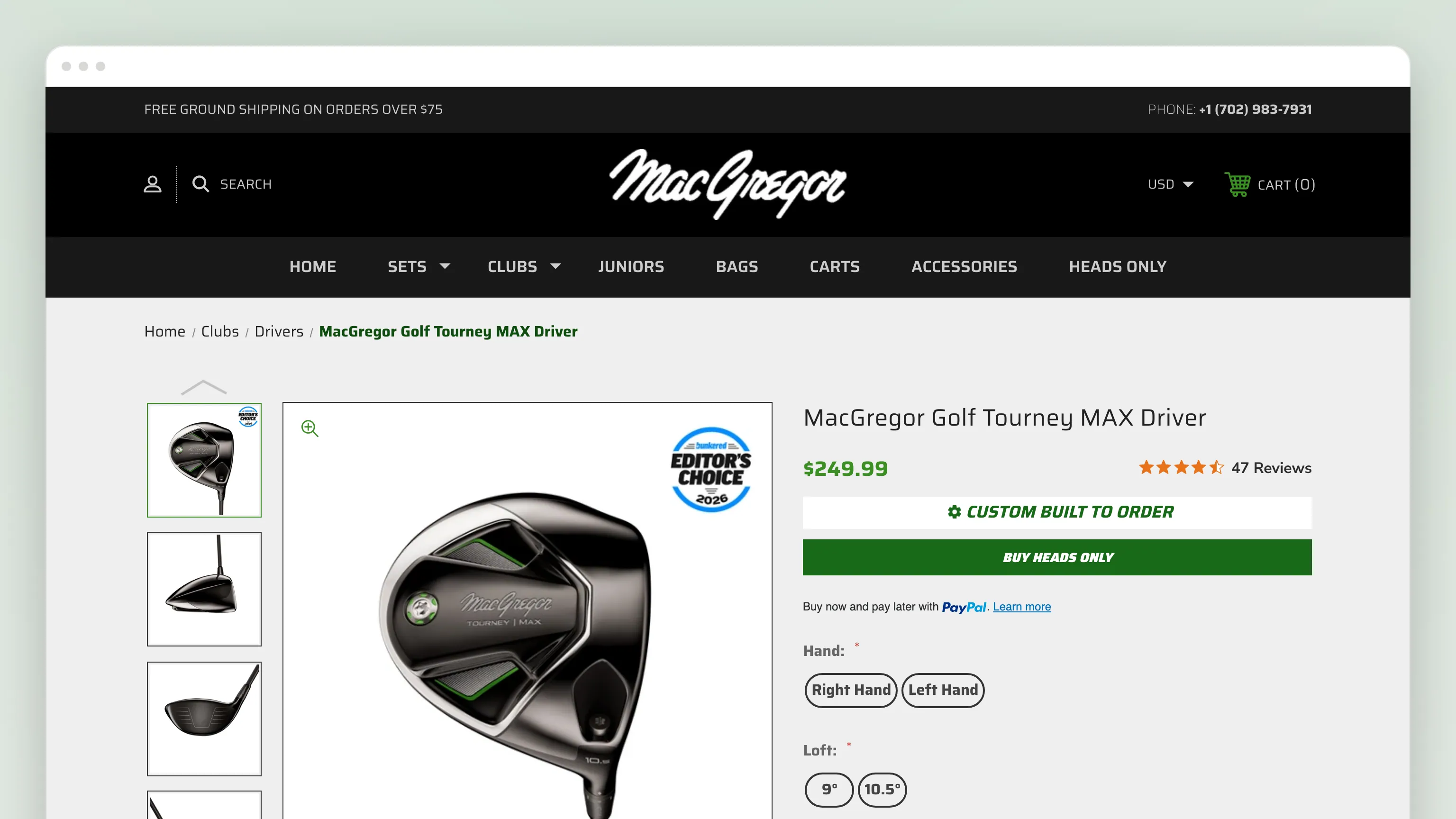 The Tourney MAX Driver product page in a browser window: a breadcrumb, a thumbnail rail and the driver head with an Editor’s Choice badge, $249.99 with 47 reviews, a green Buy Heads Only button