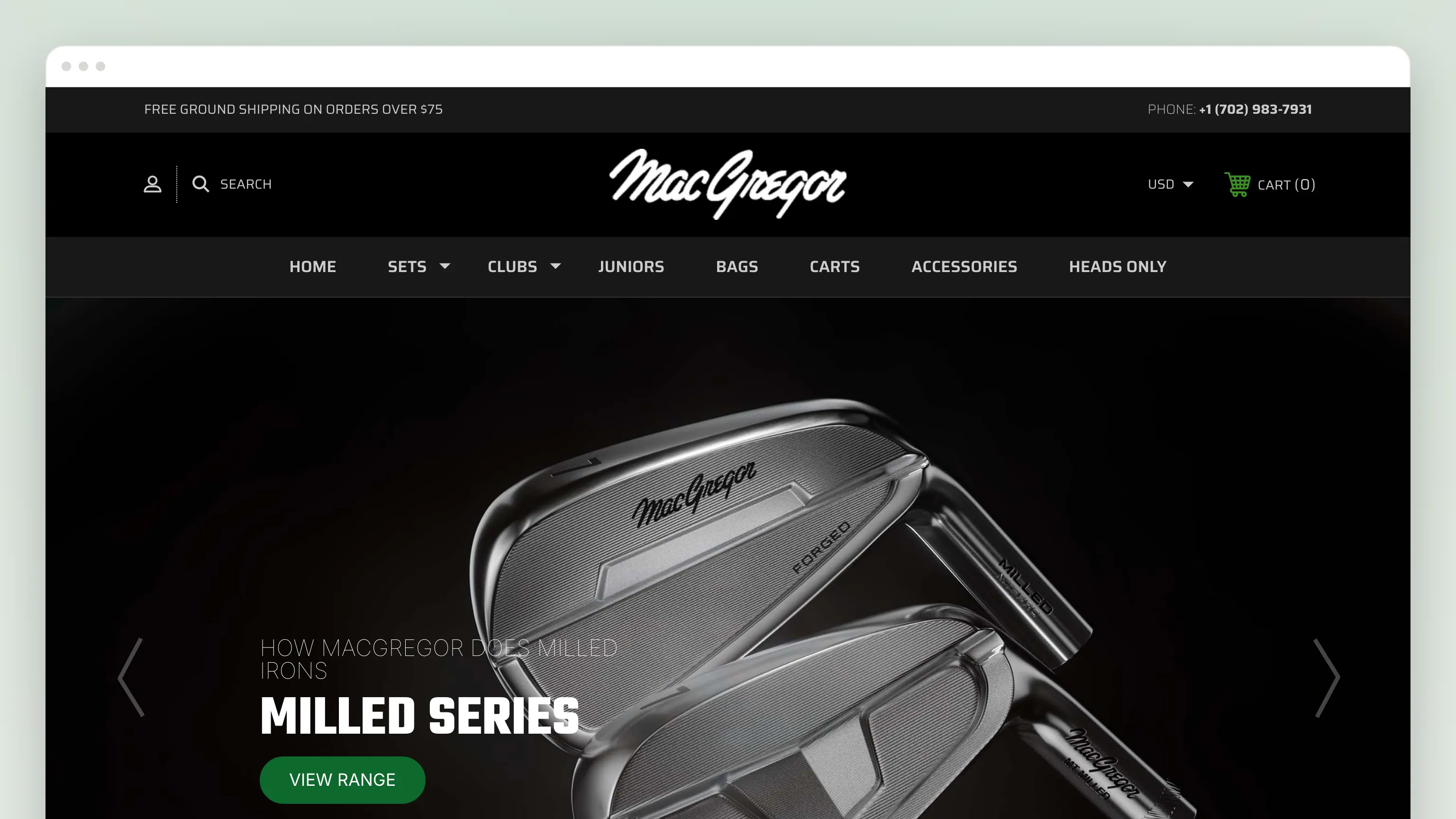 The MacGregor Golf home page in a browser window: the script wordmark over a black header with Sets, Clubs, Juniors, Bags, Carts, Accessories and Heads Only, and a hero slide