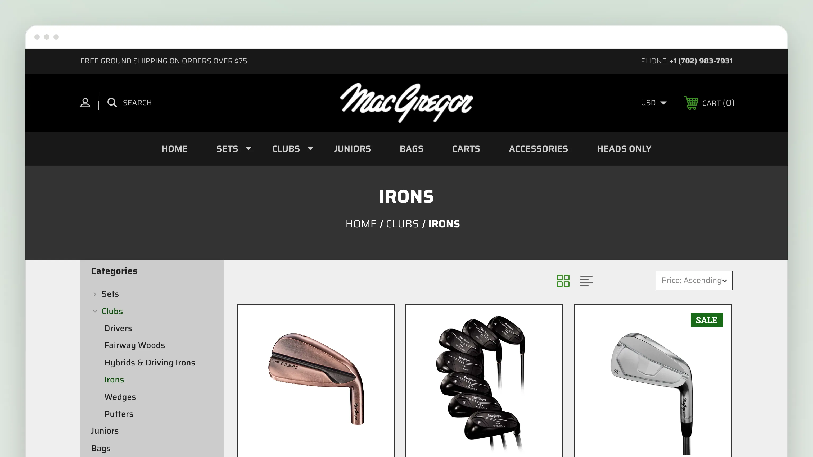 The Irons category in a browser window: a category tree on the left (Sets, Clubs — Drivers, Fairway Woods, Hybrids & Driving Irons, Irons, Wedges, Putters), and a grid of irons — MACSPD Brushed Bronze