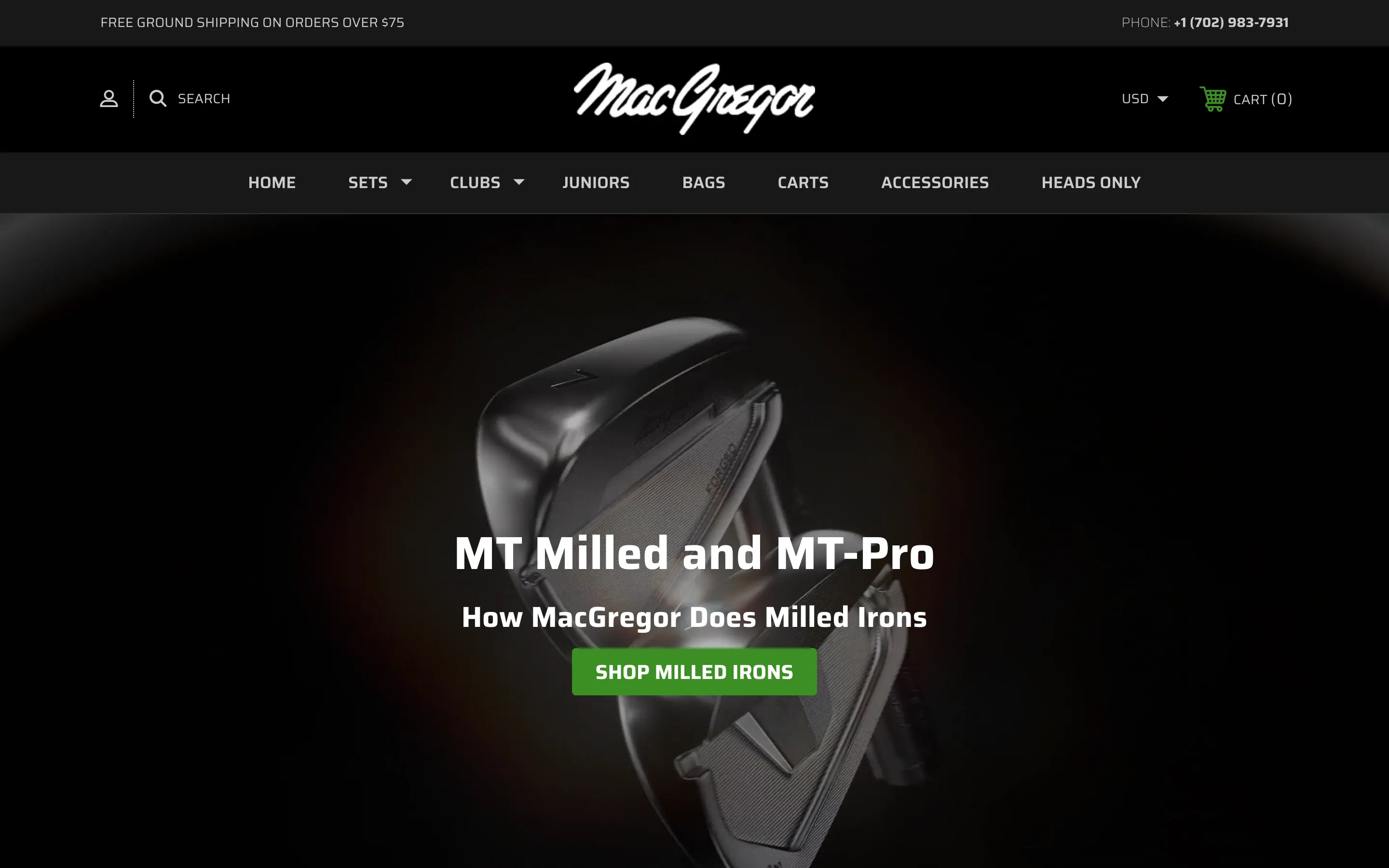 The MT Milled Irons landing page: a milled iron head on black, "MT Milled and MT-Pro — How MacGregor Does Milled Irons", a green Shop Milled Irons button